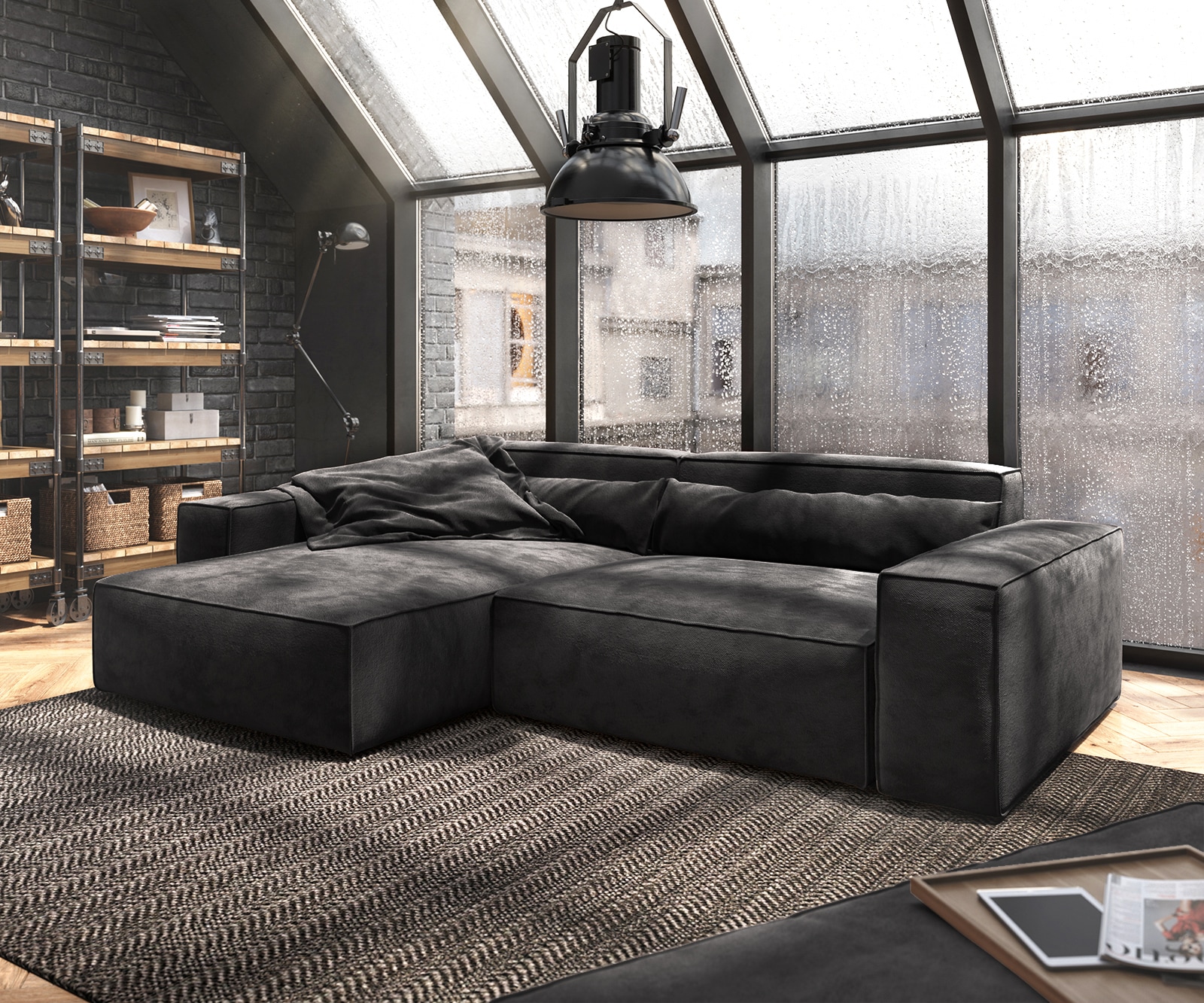 Ecksofa Sirpio XL 270x170 cm Mikrofaser Schwarz Recamiere variabel mit Hocker Ecksofa Sirpio XL 270x170 cm Mikrofaser Schwarz Recamiere variabel mit Hocker