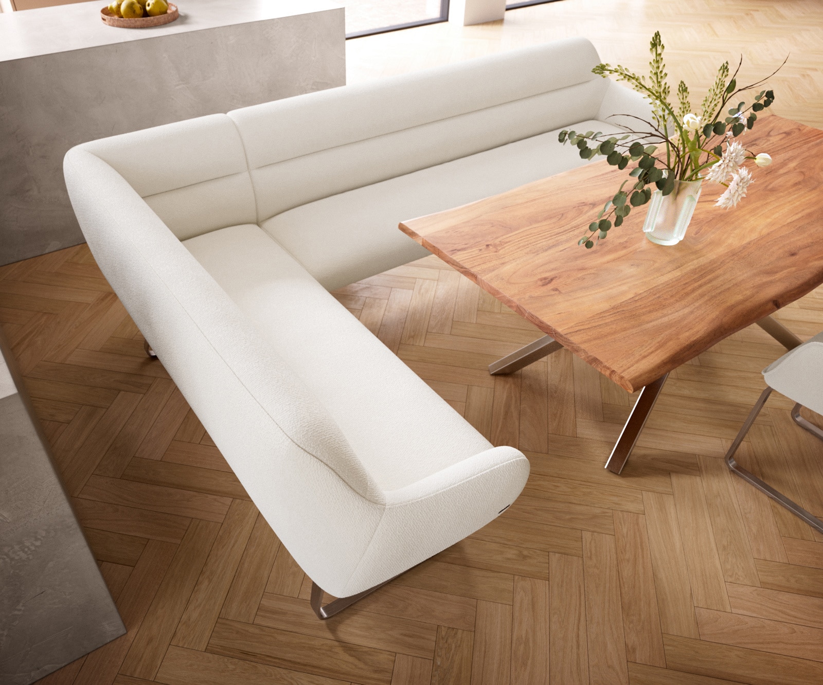 Esszimmerbank Taya-Flex 285x190 cm Bouclé Creme-Weiß Kufengestell flach Edelstahl Taschenfederkern Rechts 4