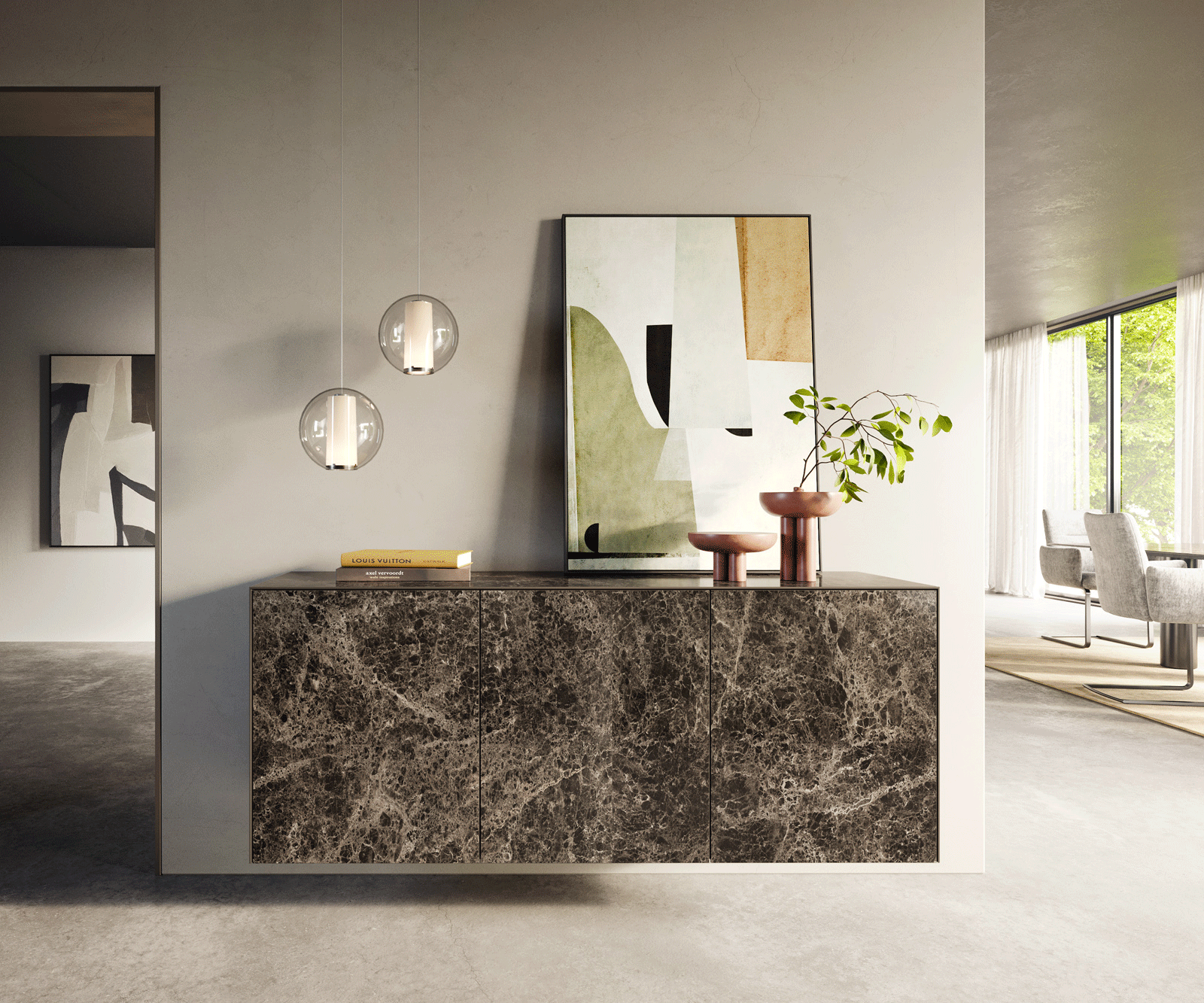 Sideboard Cuor 150 cm Keramik Laminam® Emperador Extra Lucidato Dunkelbraun 3 Türen Schwebend 1