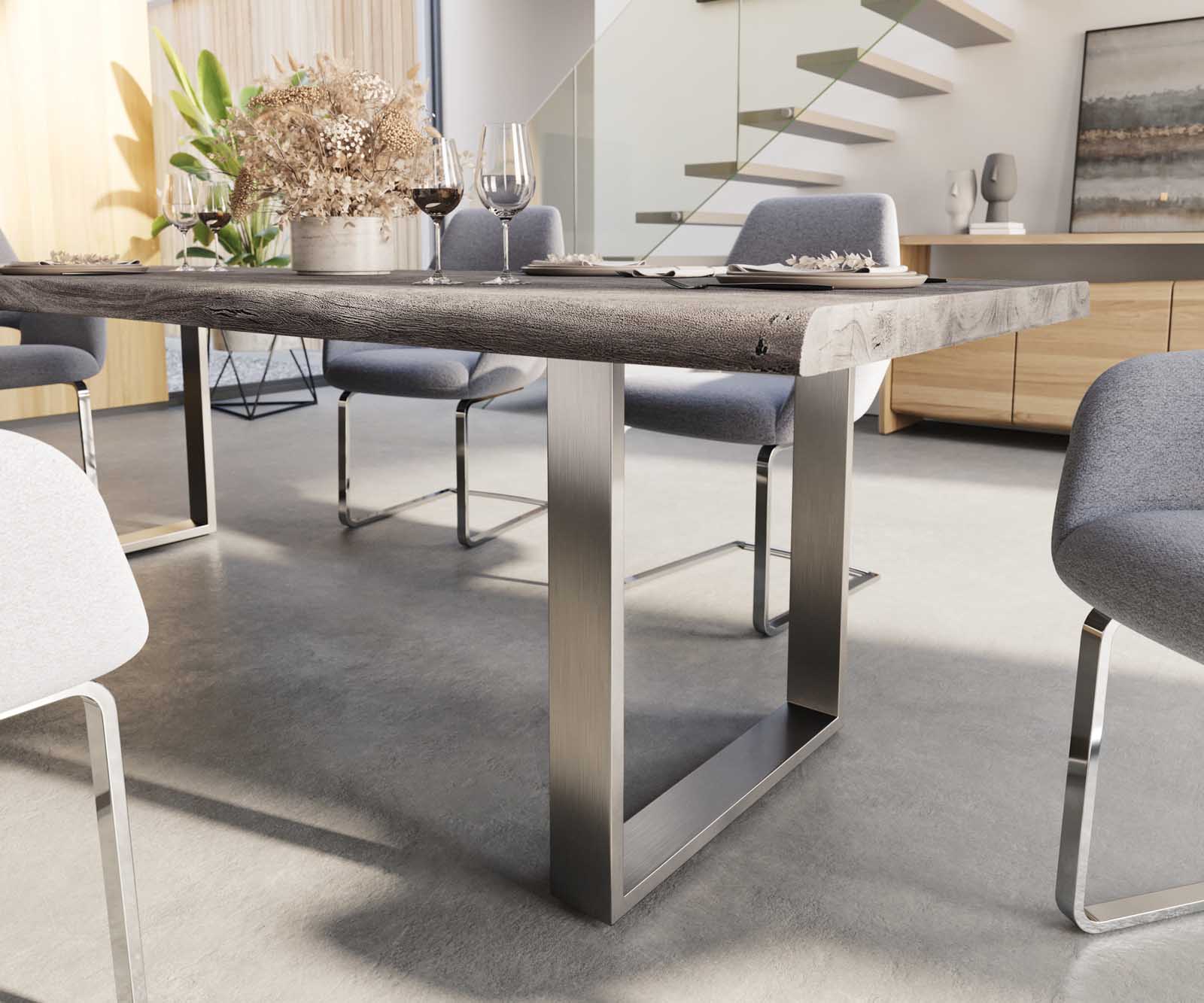 Esstisch Edge 260x100 XL Akazie Platin Edelstahl Schmal Live-Edge 5