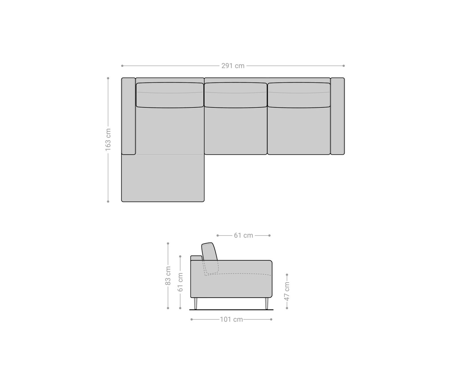 Ecksofa Sottil 290 x 165cm Chenille Grau Recamiere links 5