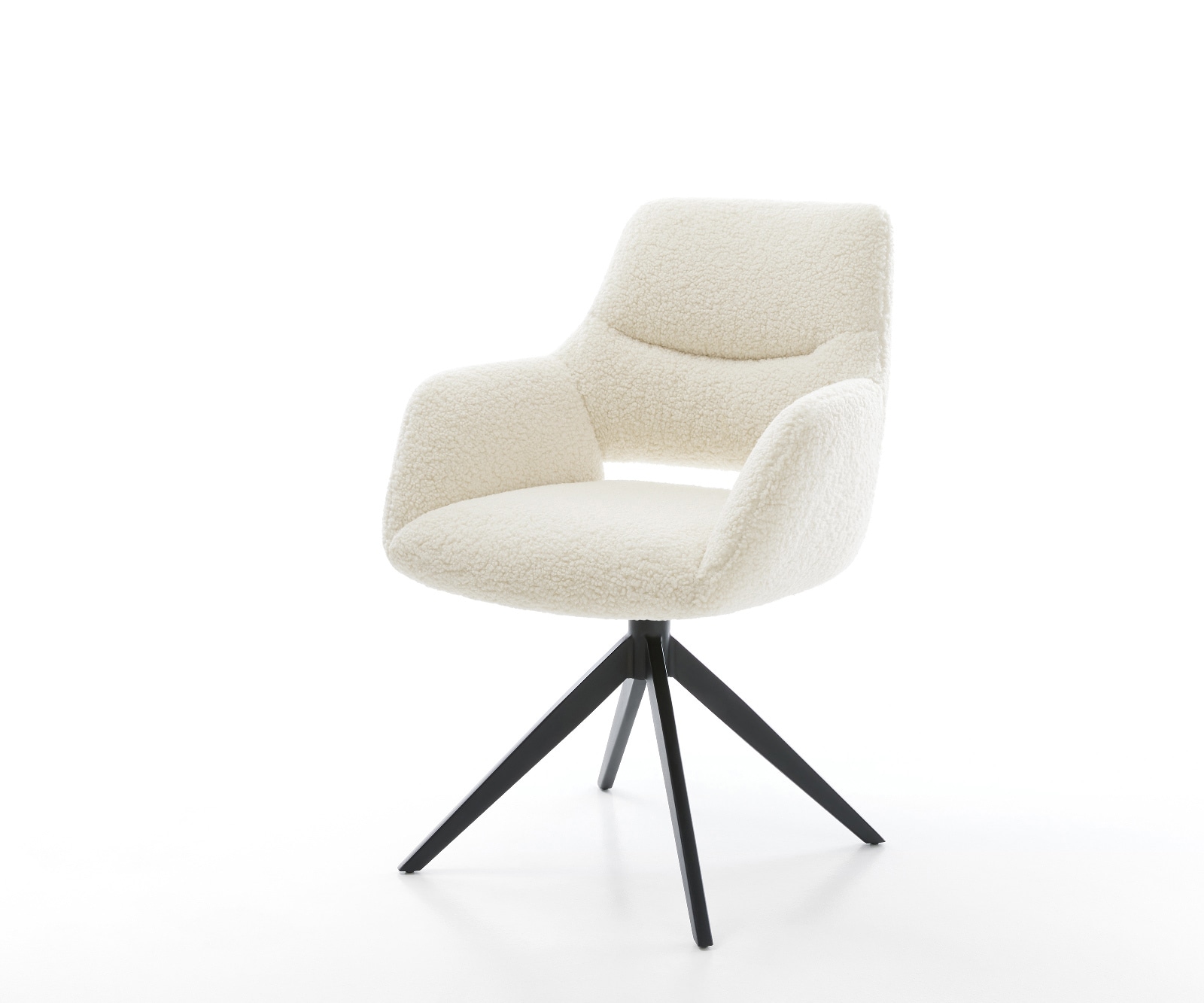 Drehstuhl Yago-Flex mit Armlehnen Teddystoff Beige Kreuzgestell breit Schwarz 360° drehbar Wippfunktion Taschenfederkern