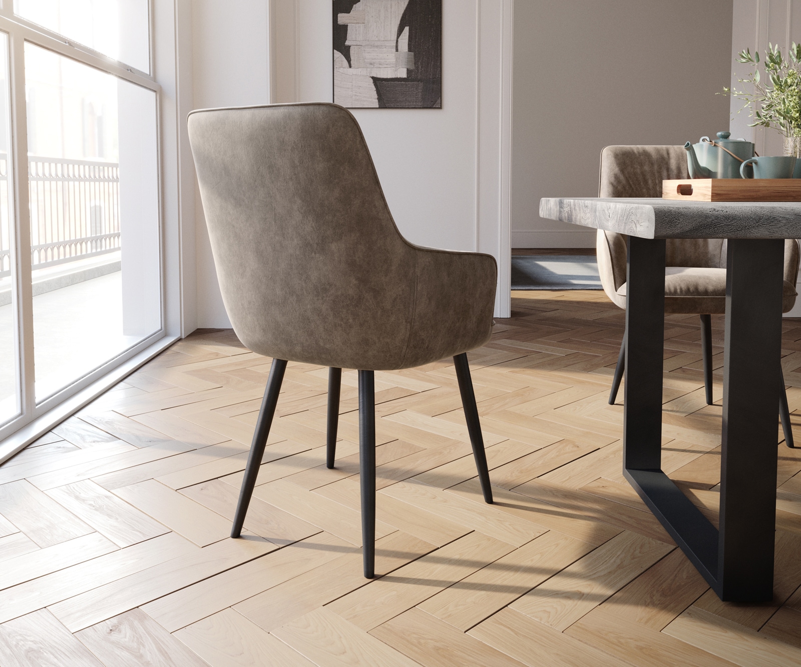 Esszimmerstuhl Zelia-Flex mit Armlehnen Mikrofaser Taupe Vintage 4-Fuß konisch Schwarz Taschenfederkern 5