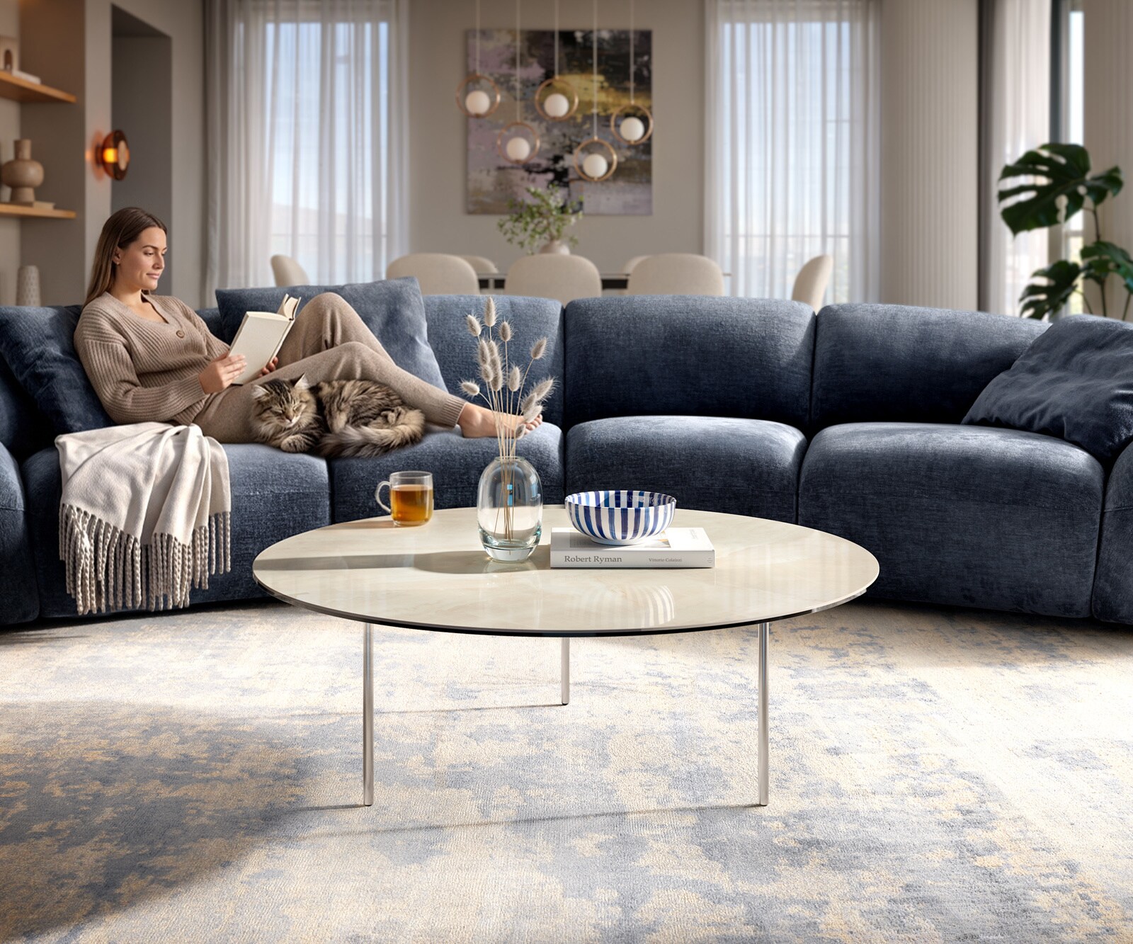 Couchtisch Edge Rund 100x100 cm Keramik Onyx Champagne Trive Edelstahl gebürstet 6