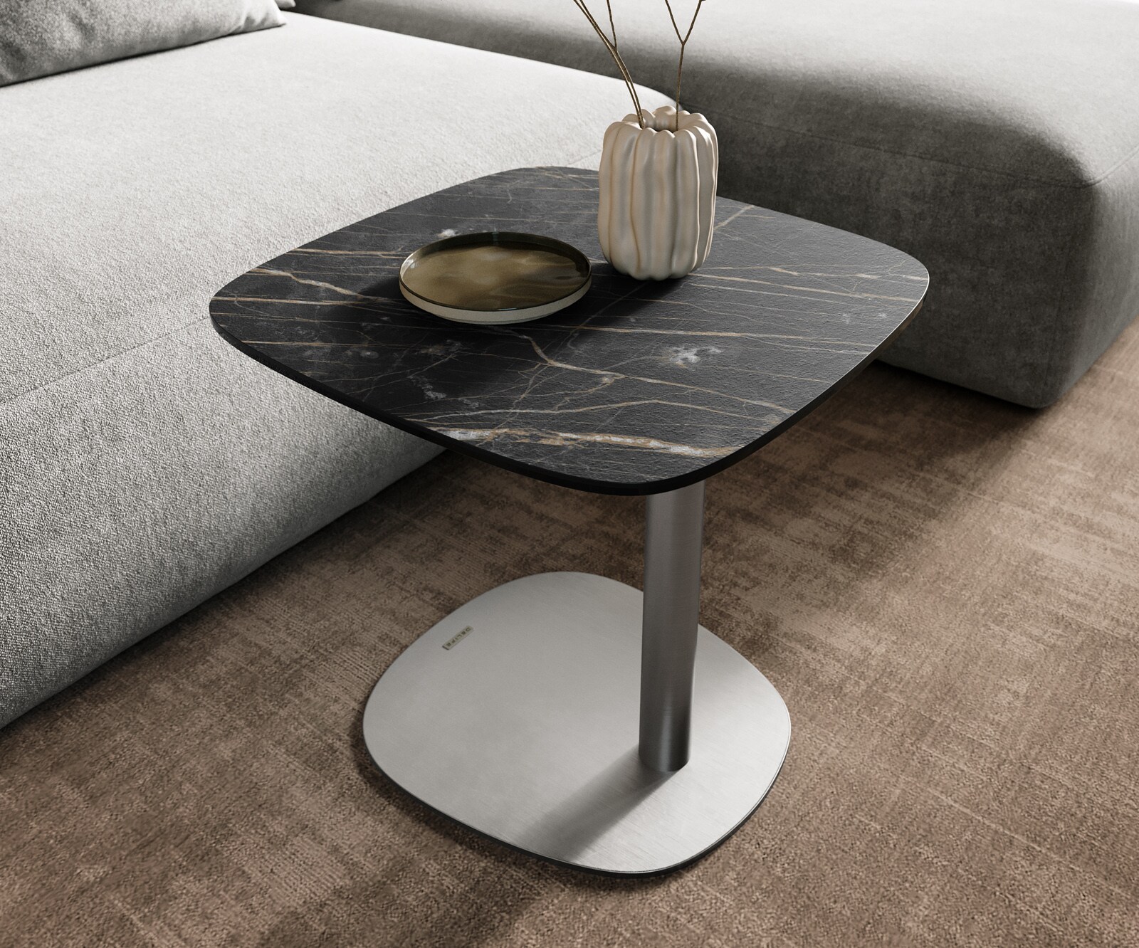 Couchtisch Edge Boot 50x50 cm Keramik Laminam® Noir Desir Braun Eleny Edelstahl gebürstet 5