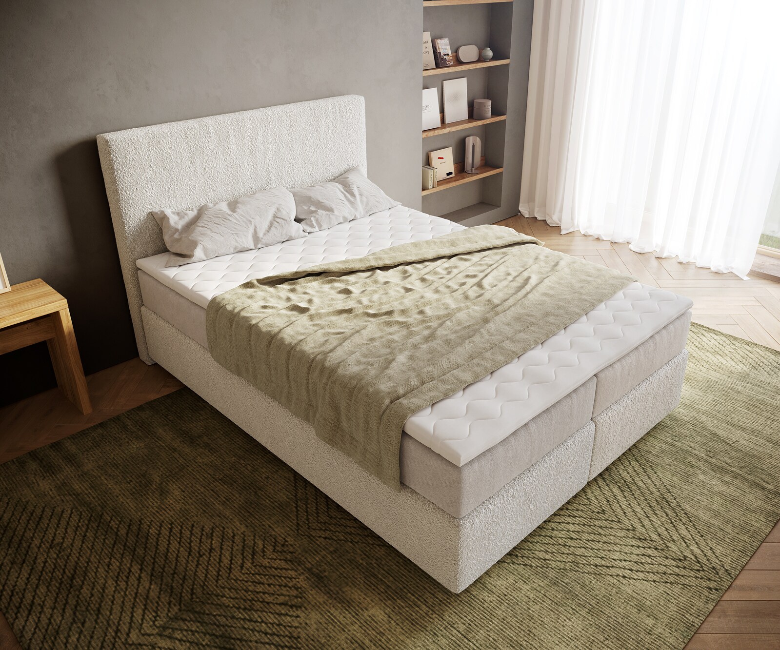 Boxspringbett Dream-Well 140x200 cm Bouclé Creme-Weiß mit Taschenfederkernmatratze und Topper Visco 3