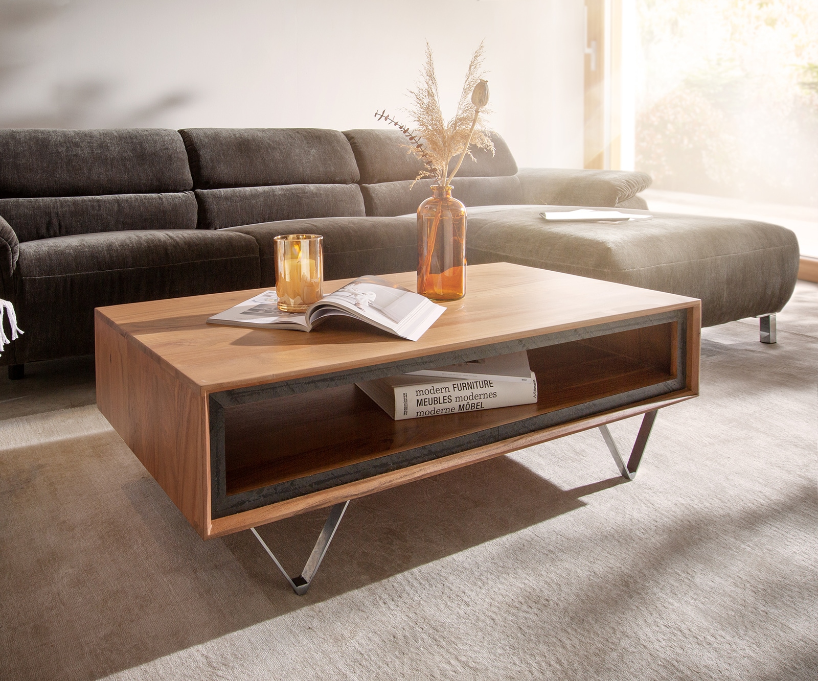 DELIFE Couchtisch Stonegrace 115x60 cm Akazie Natur 1 Fach Steinfurnier