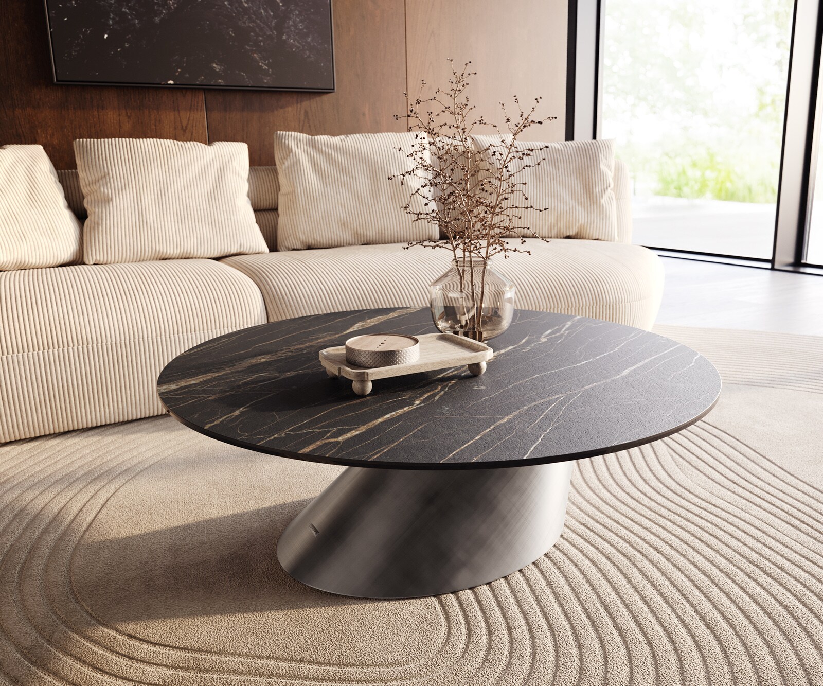 Couchtisch Edge Rund 100x100 cm Keramik Laminam® Noir Desir Braun Conis Metallic Silber 1