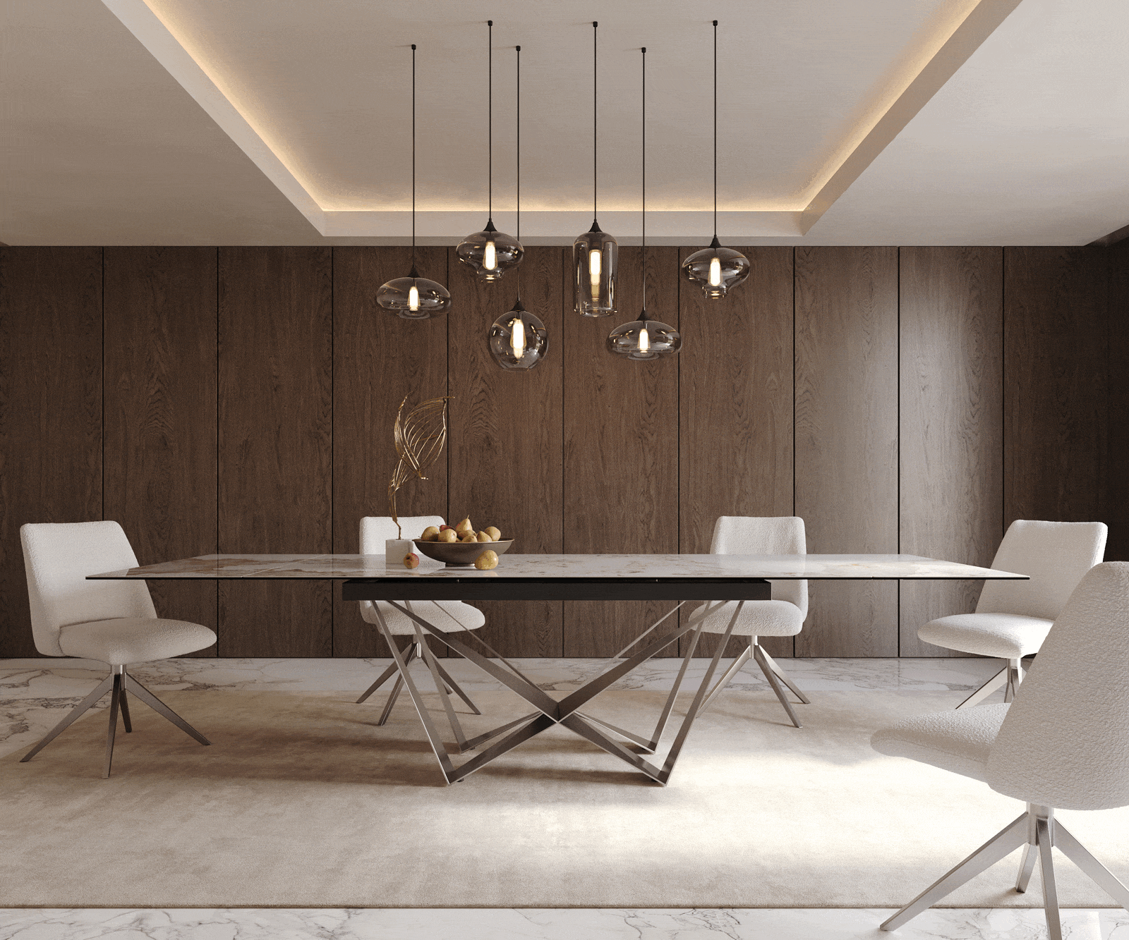 Esstisch Edge 200-300x100 Keramik Minas Melange Weiß-Beige Spider Flachstahl Edelstahl ausziehbar 2
