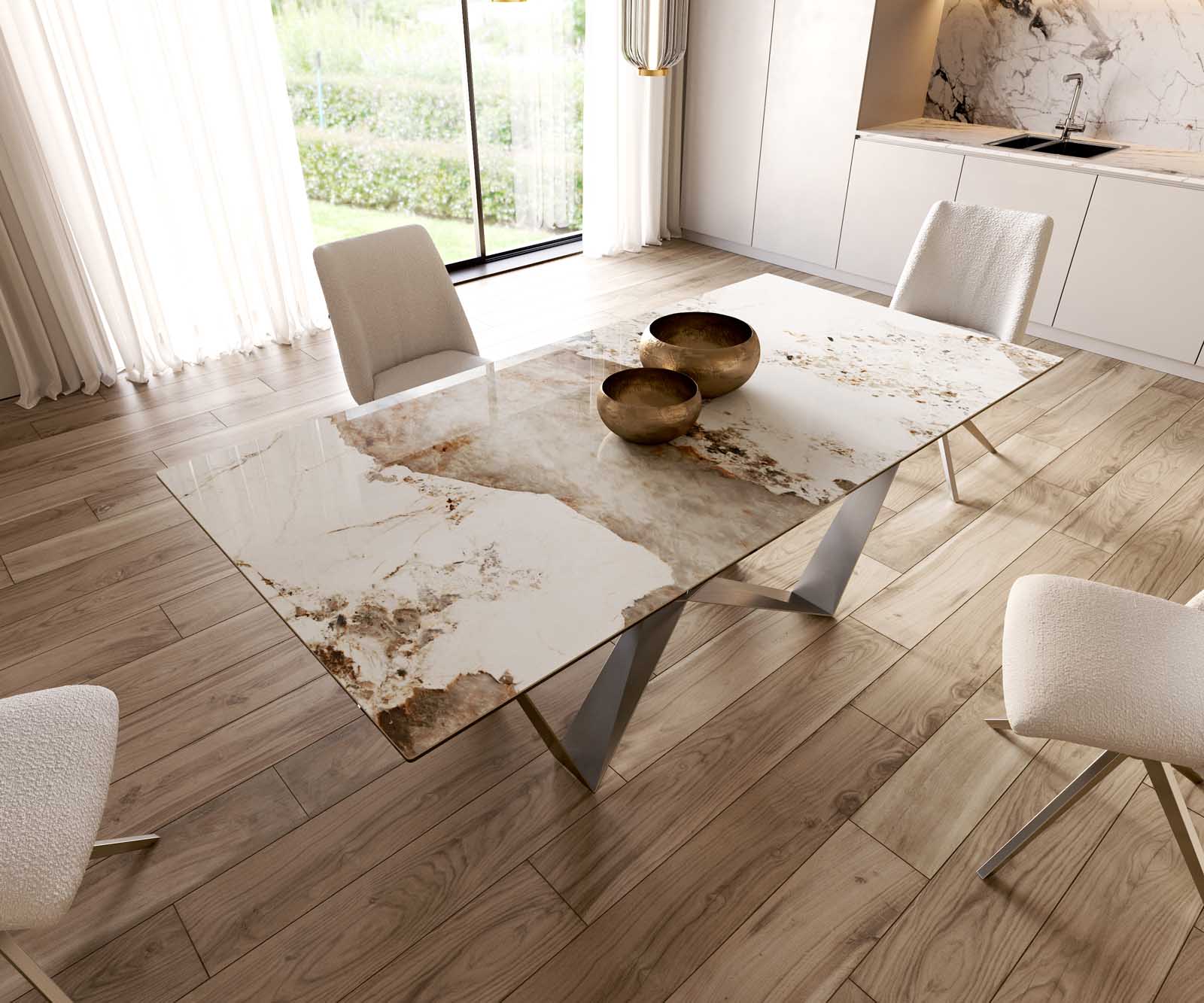 Esstisch Edge 200x100 Keramik Minas Melange Weiß-Beige Spider Flachstahl Edelstahl 5