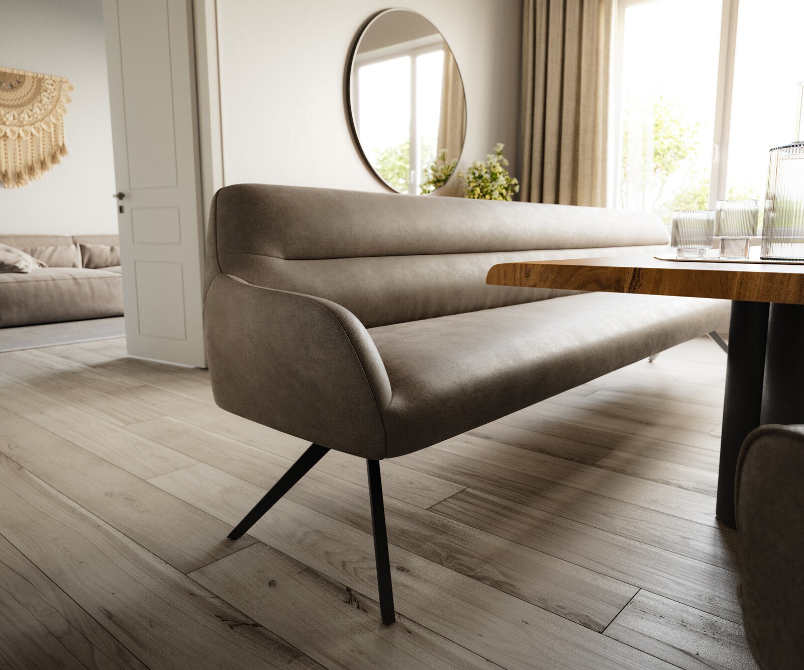 Esszimmerbank Taya-Flex 300 cm Mikrofaser Taupe Vintage Kreuzgestell kantig Schwarz Taschenfederkern 4