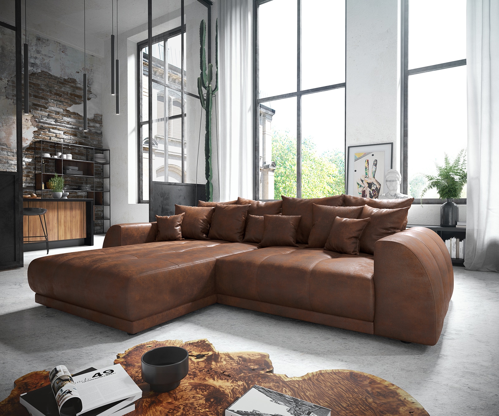 Eckcouch Violetta 300 x 220 cm Lederimitat   Braun Recamiere variabel Eckcouch Violetta 300 x 220 cm Lederimitat   Braun Recamiere variabel