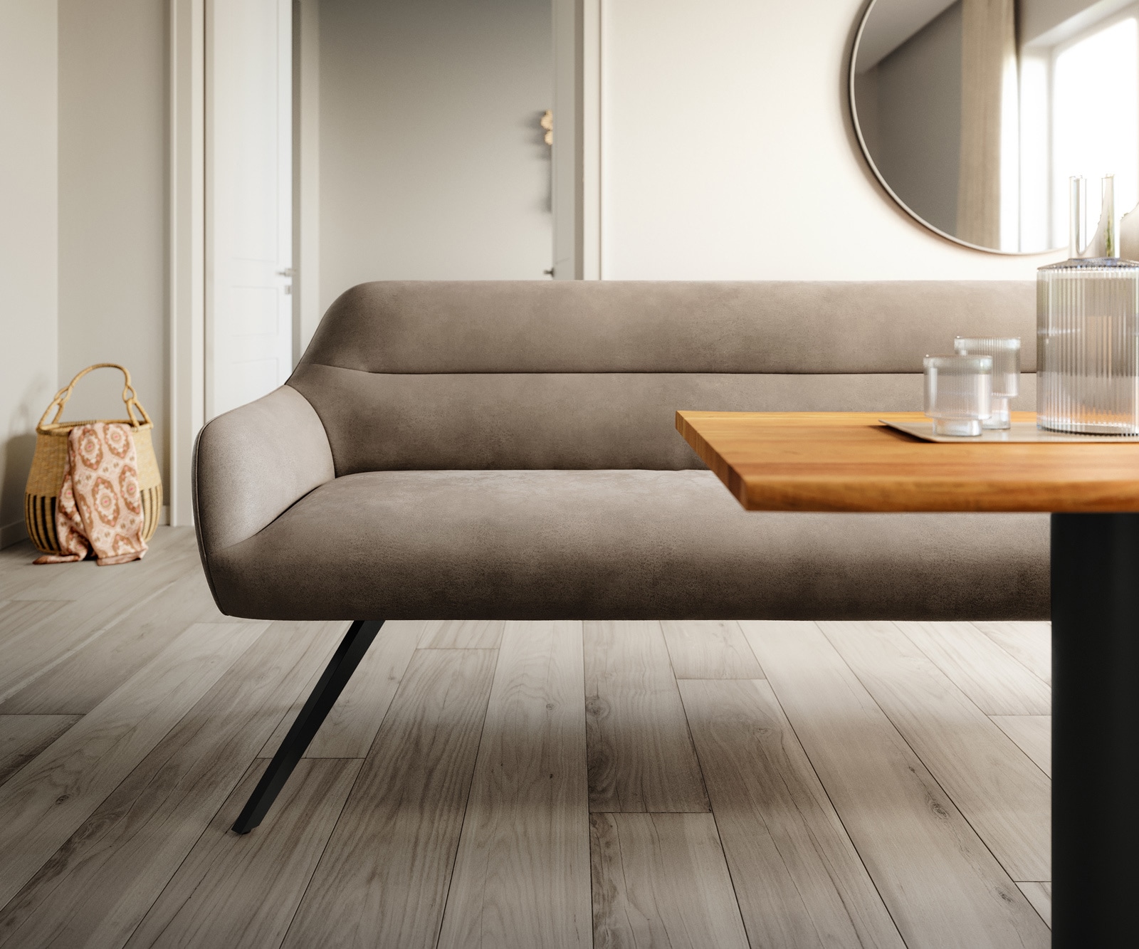 Esszimmerbank Taya-Flex 200 cm Mikrofaser Taupe Vintage Kreuzgestell kantig Schwarz Taschenfederkern 1