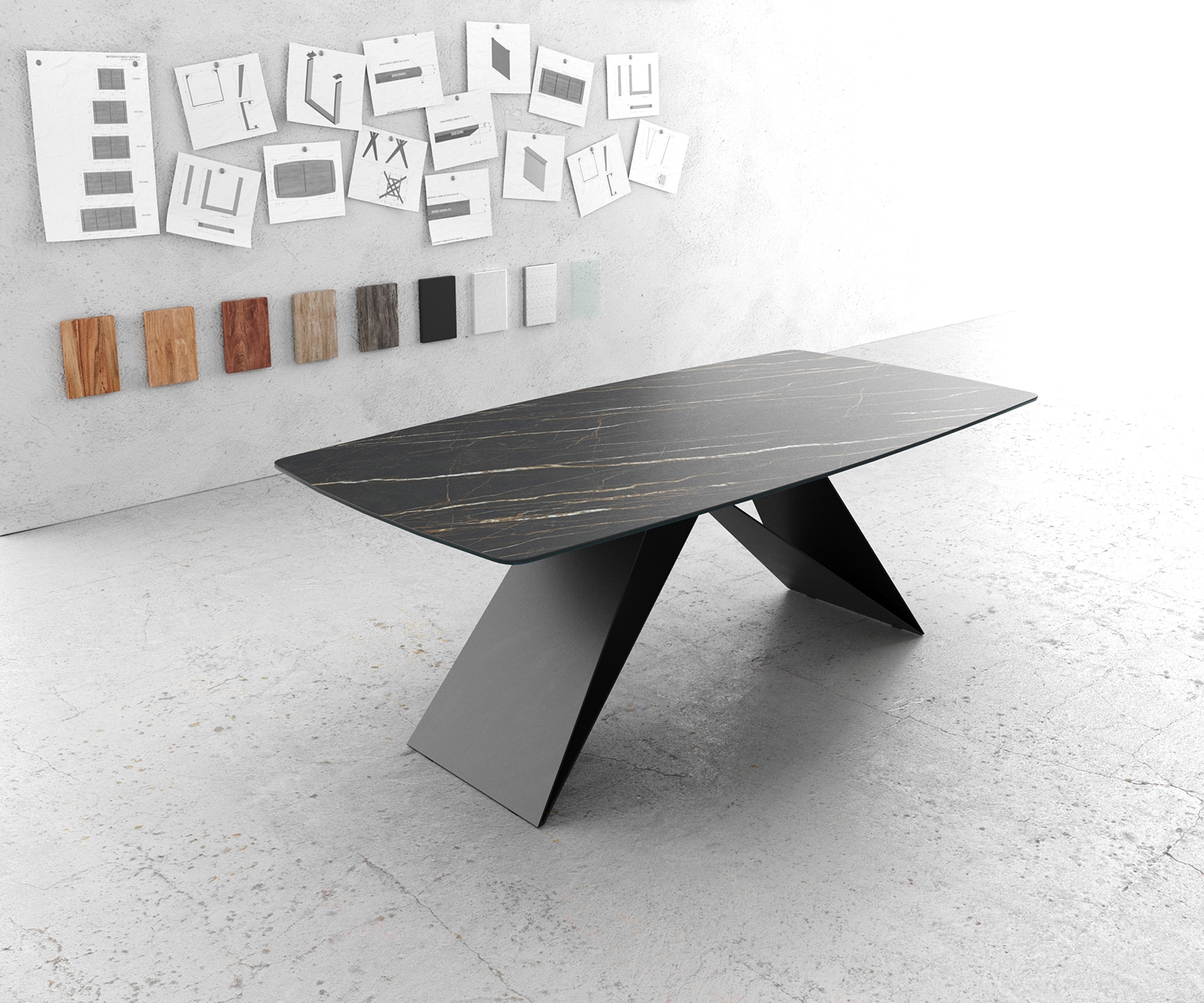 Esstisch Edge Bootsform 200x100cm Laminam® Keramik Noir Desir Braun V-Mittelfuß Schwarz