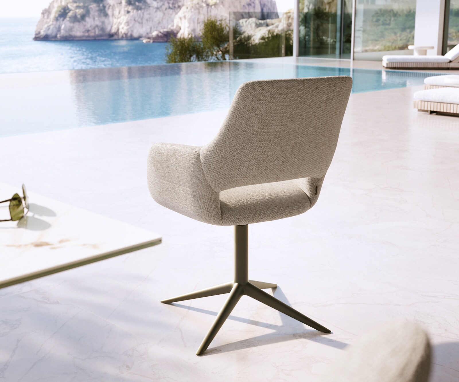 Outdoorstuhl Yago-Flex mit Armlehnen Strukturstoff Grau-Weiß Fußkreuz Effektfinish Titan 360° drehbar Wippfunktion 5