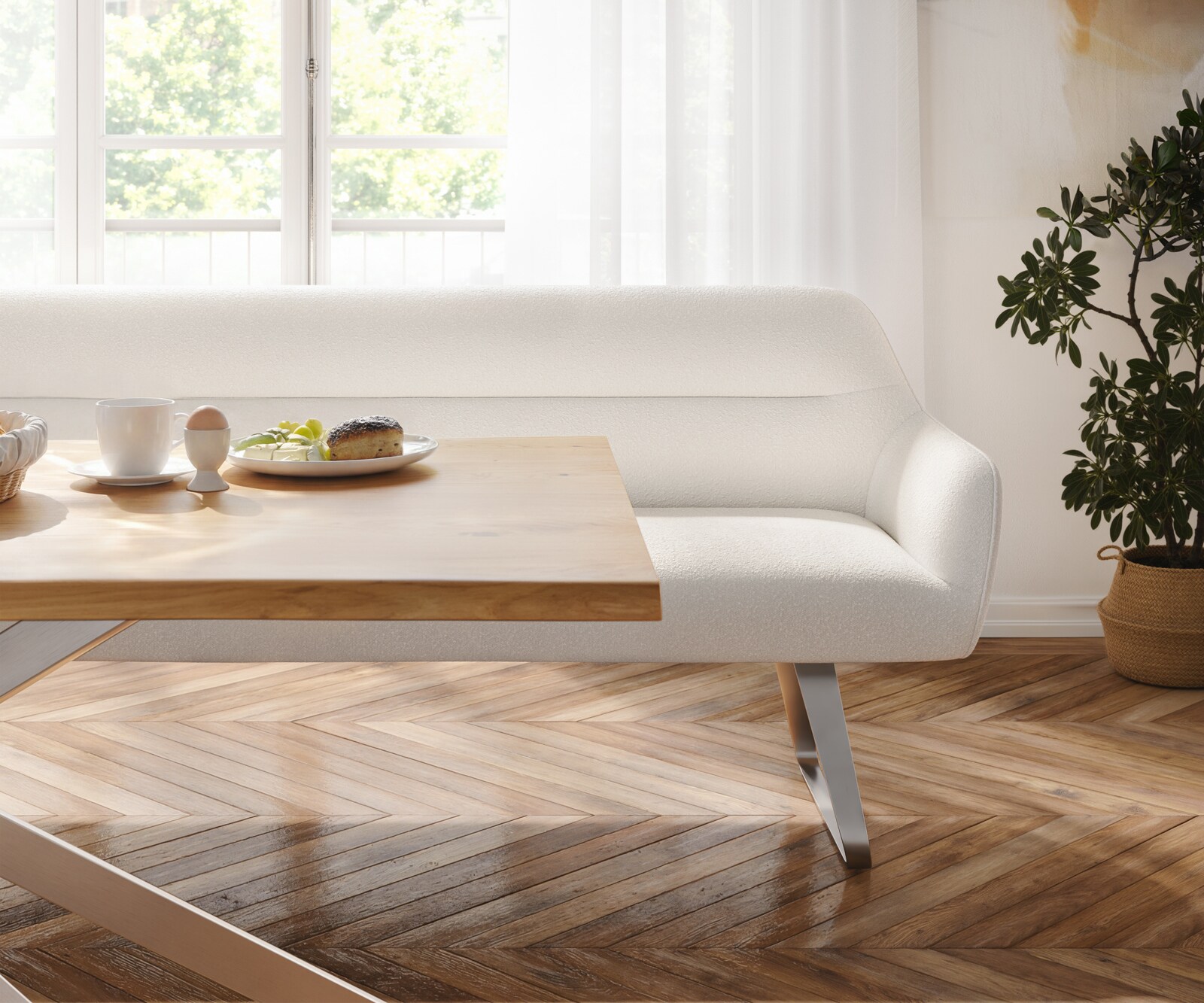 Esszimmerbank Taya-Flex 300 cm Bouclé Creme-Weiß Kufengestell flach Edelstahl Taschenfederkern 3