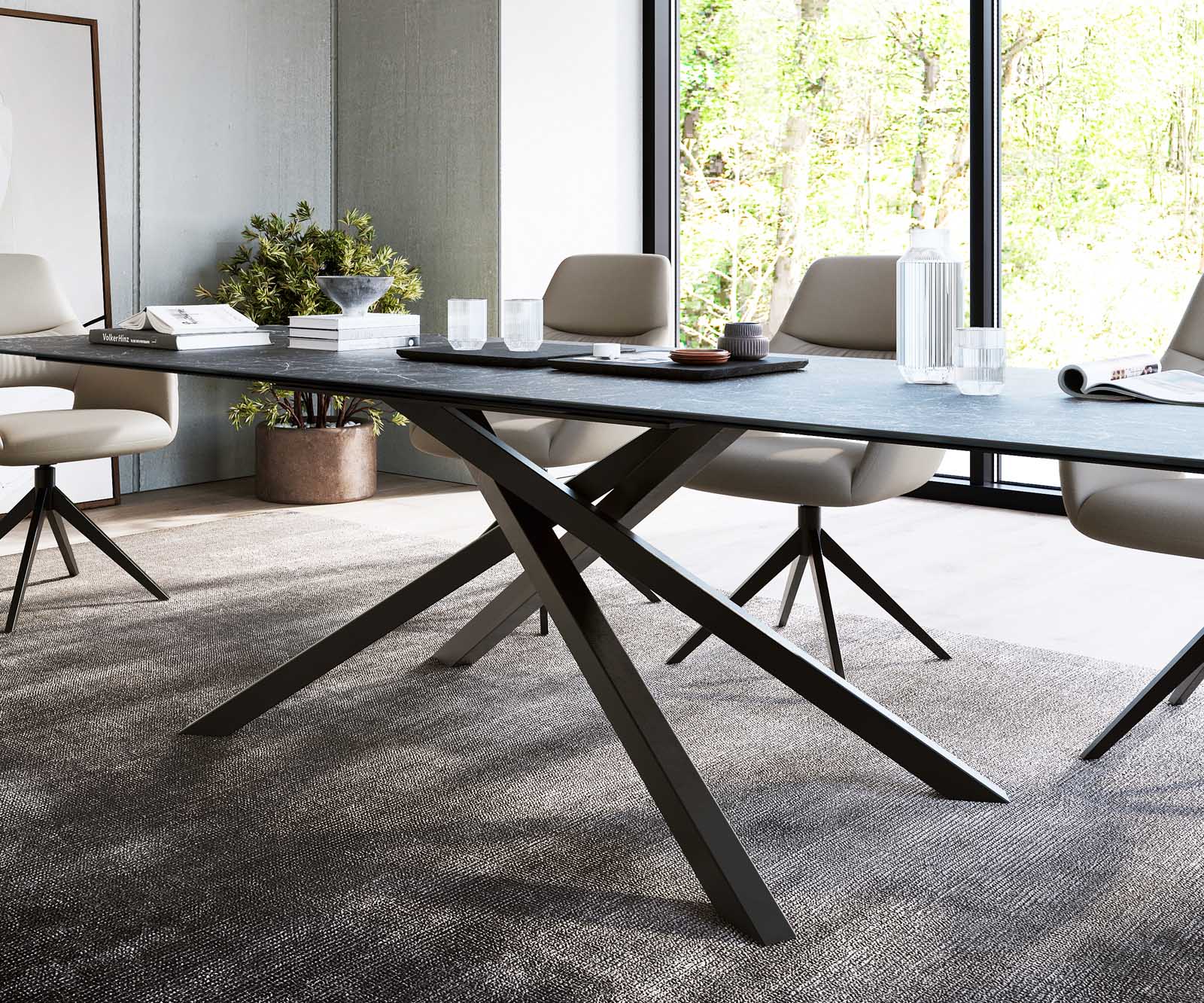 Esstisch Edge 300x100cm Keramik Laminam®Nero Greco Anthrazit Mittelfuß Kreuz Schwarz 4