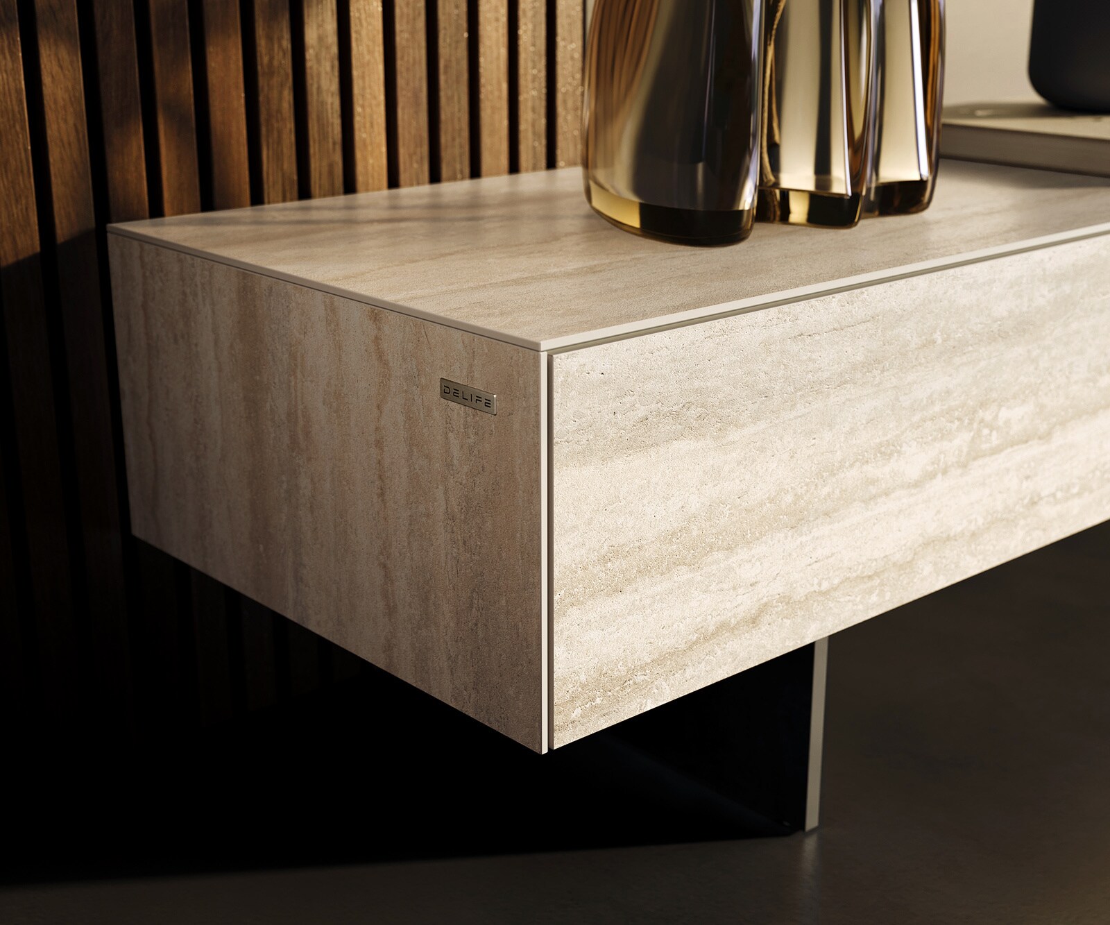 Lowboard Cuor 200 cm Keramik Laminam® Travertino Bianco Creme-Weiß 1 Klappe 1 Schubfach Fuß Schwebeoptik Metall Schwarz 5