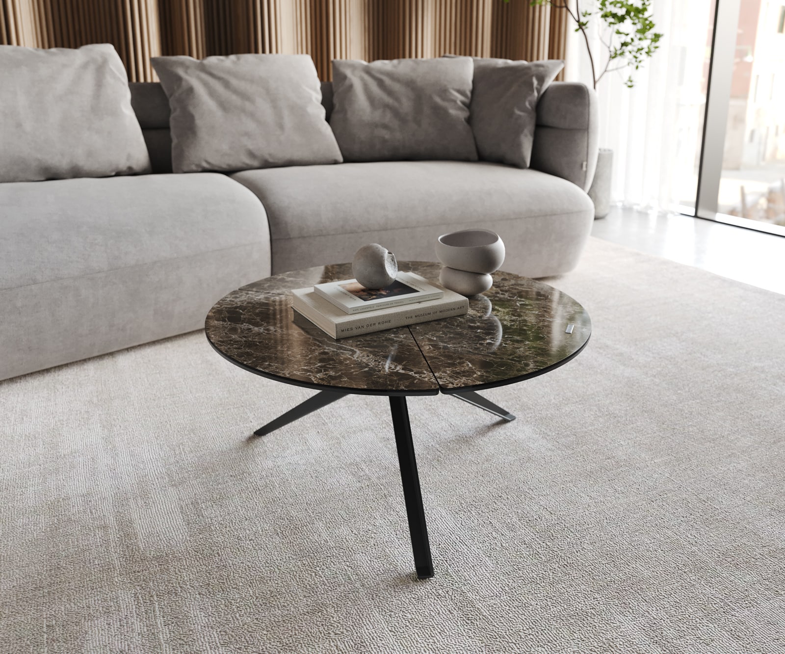 Couchtisch Delron 70x70 cm Keramik Emperador Extra Lucidato Dunkelbraun Kreuzfuß Flach Metall Schwarz
