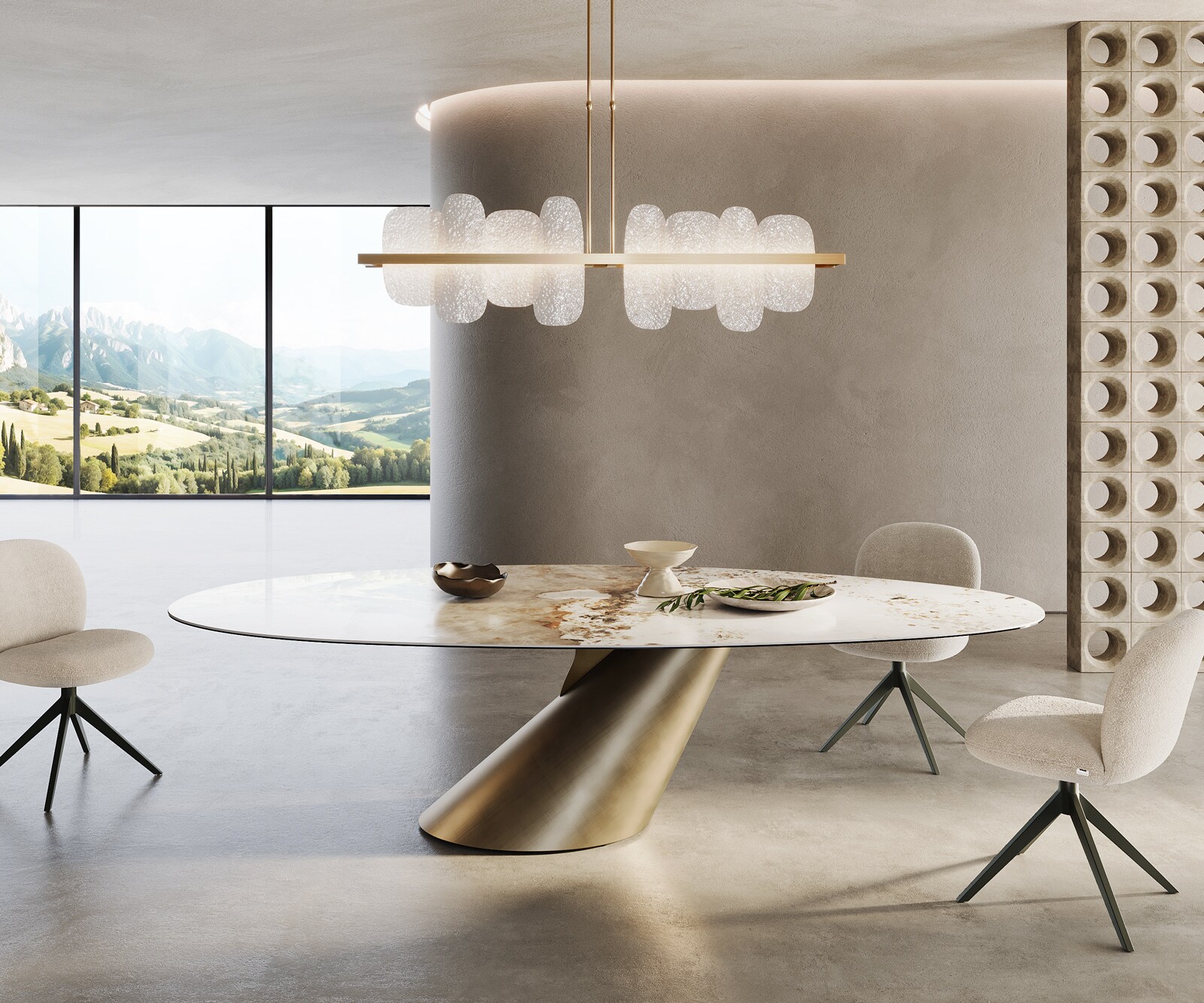 Esstisch Edge Oval 280x130 Keramik Minas Melange Weiß-Beige Cono Metallic Gold