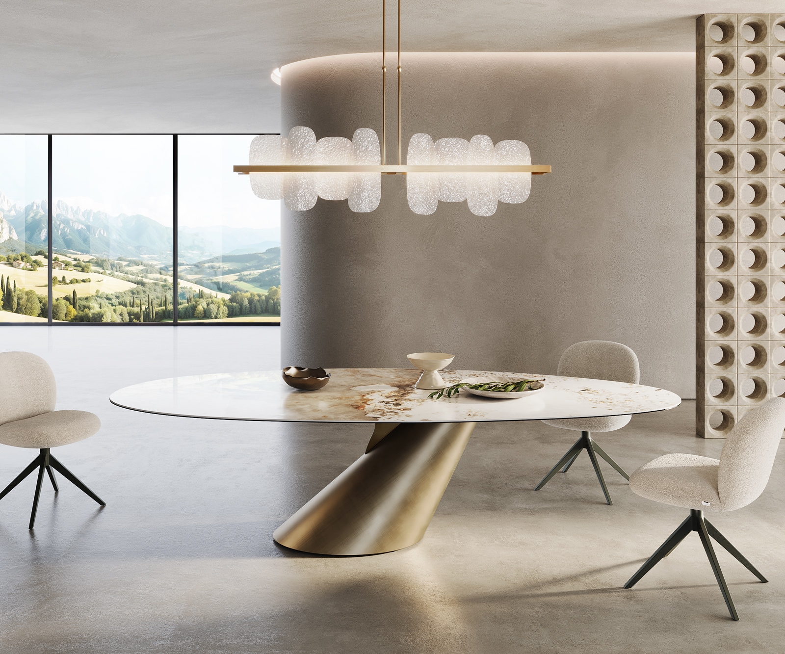 Esstisch Edge Oval 280x130 Keramik Minas Melange Weiß-Beige Cono Metallic Gold 1