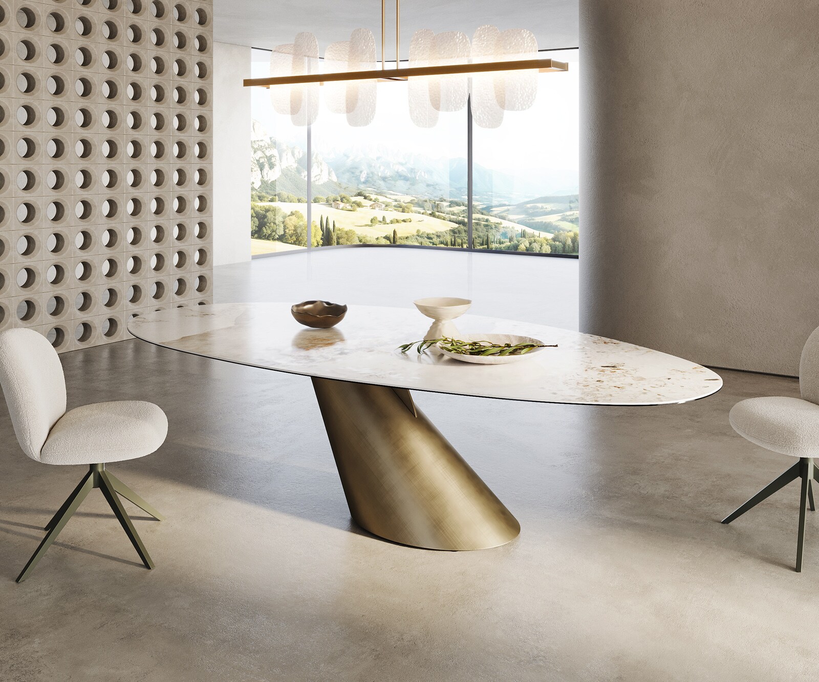 Esstisch Edge Oval 280x130 Keramik Minas Melange Weiß-Beige Cono Metallic Gold 3
