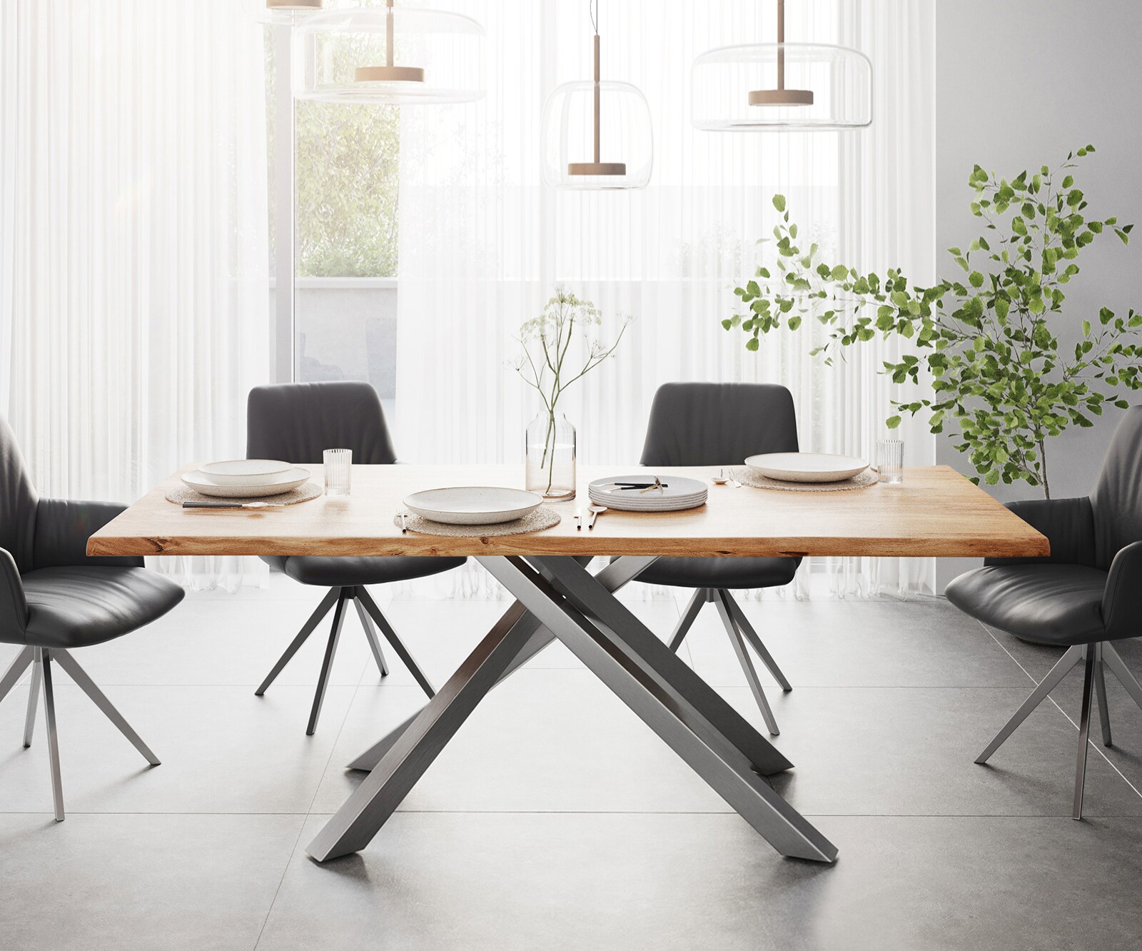 Esstisch Edge 200x100 Akazie Natur Kreuzgestell Rechteck Edelstahl Live-Edge 2