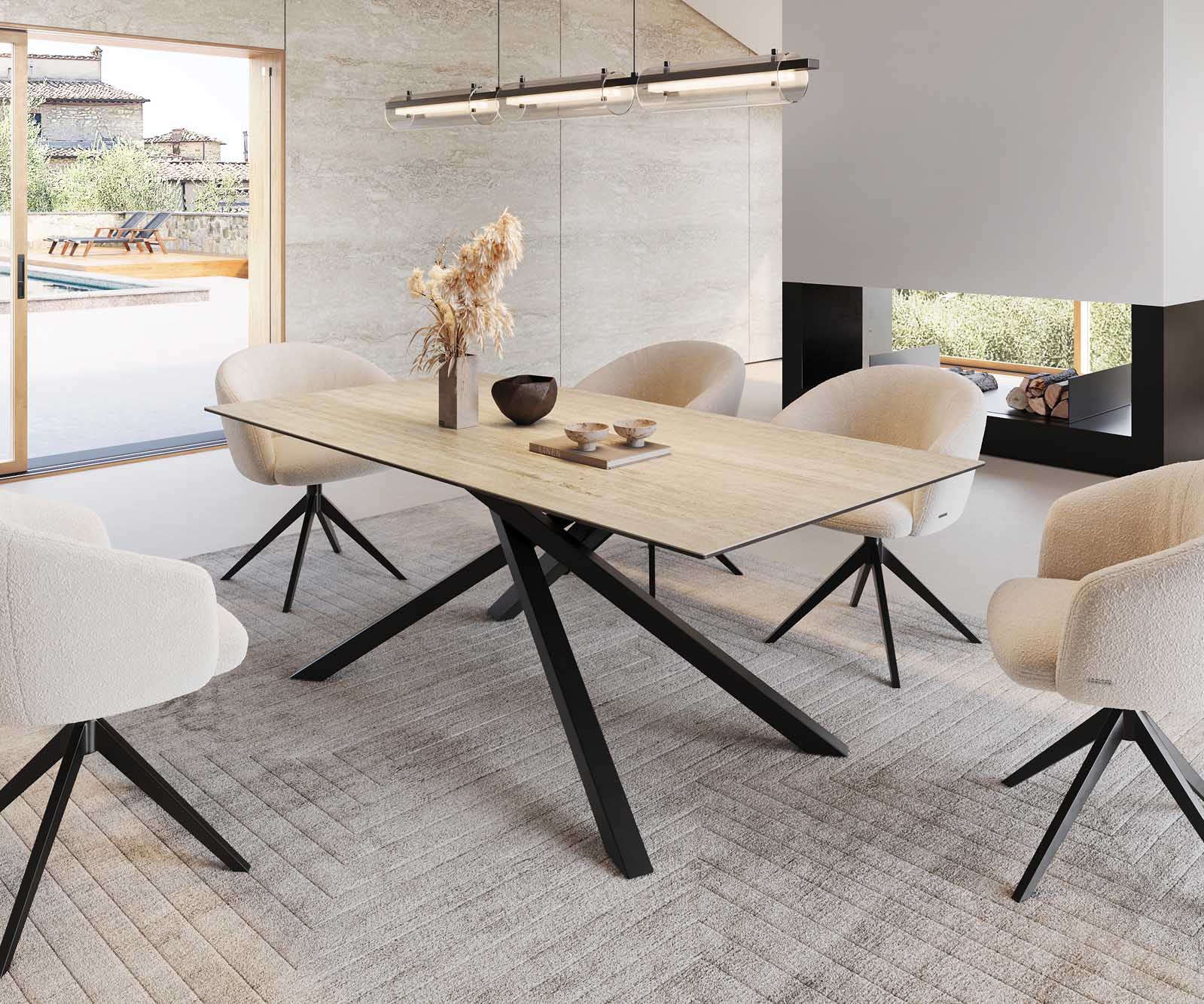 Esstisch Edge 200x100 Keramik Travertin Natur Kreuzgestell Rechteck Schwarz 1