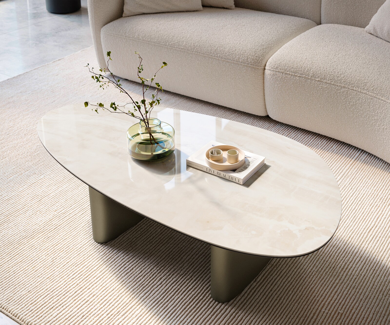 Couchtisch Edge Oval 140x75 cm Keramik Onyx Champagne Ovada Effektfinish Titan 1