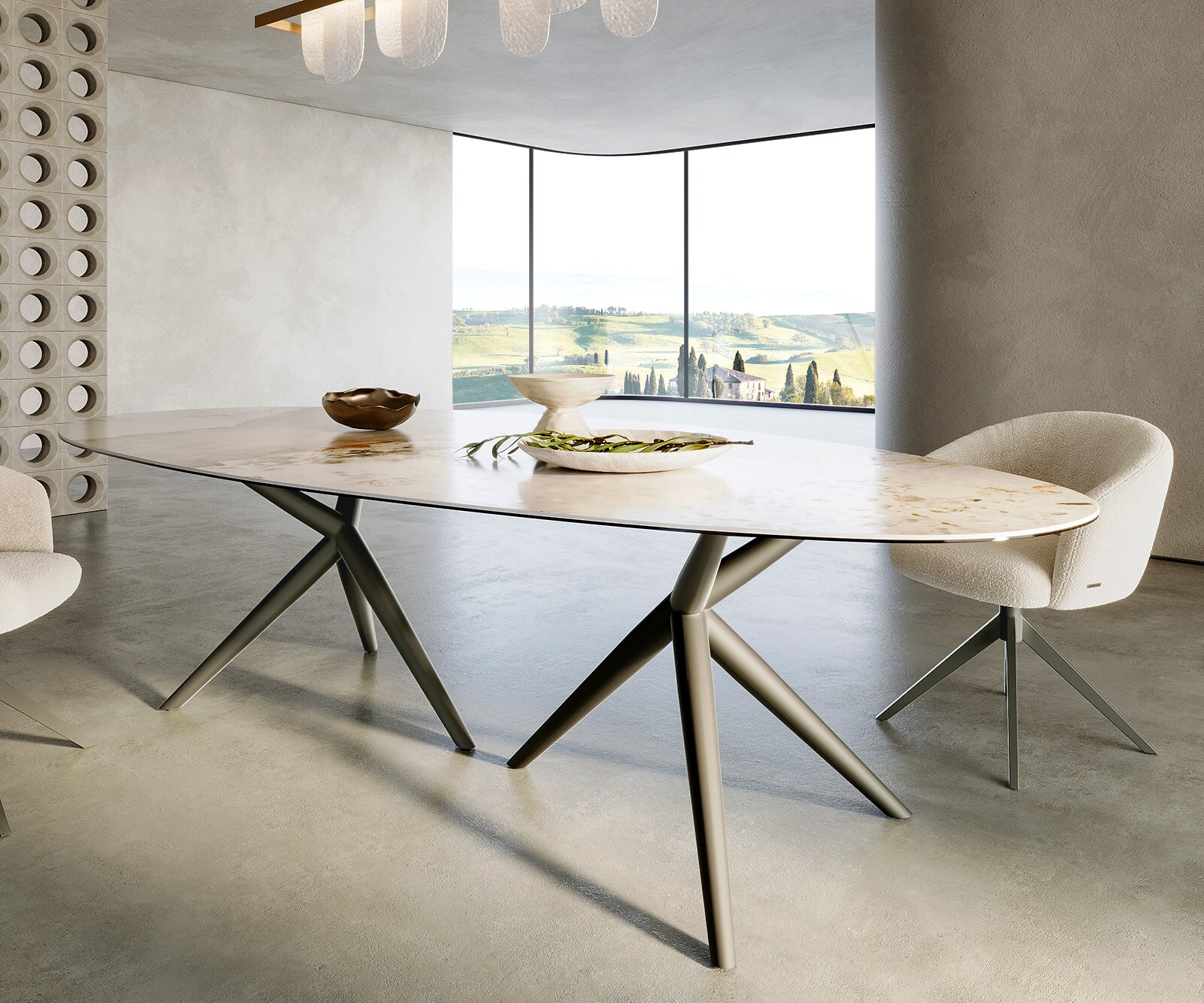 Esstisch Edge Oval 280x130 Keramik Minas Melange Weiß-Beige Estelar rund Metall Effektfinish Titan 5