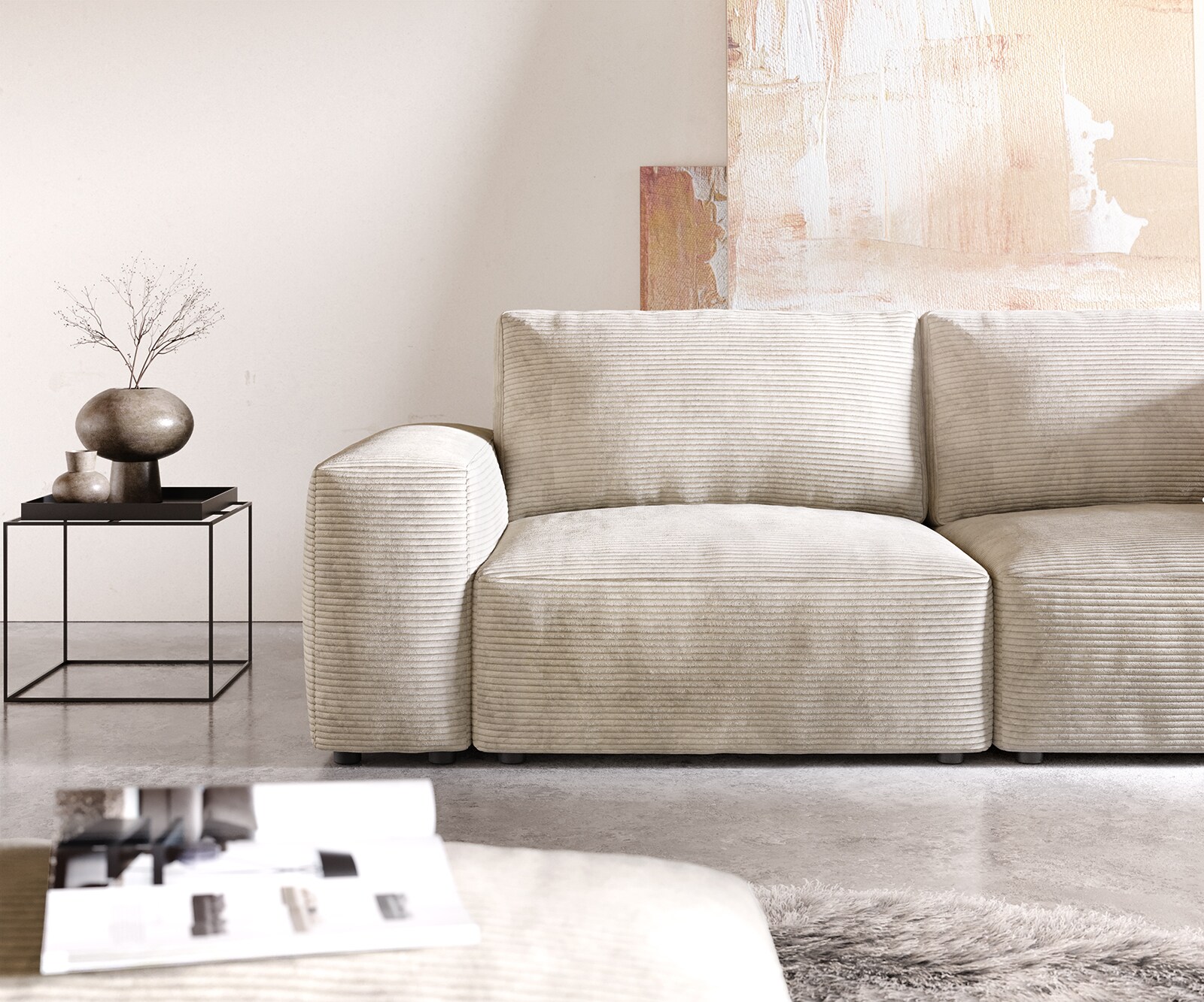 Big-Sofa Lanzo 230x95 cm Cord Beige mit Hocker 4