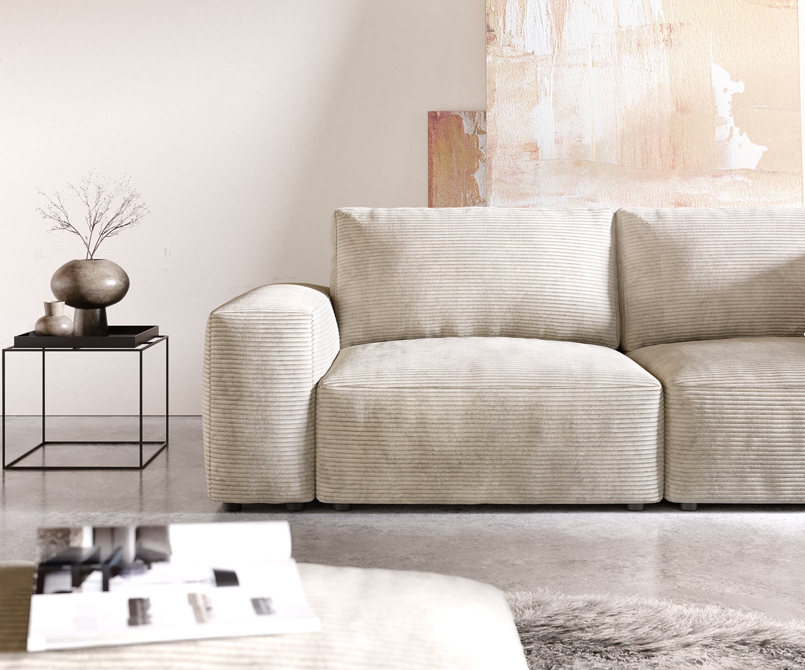 Big-Couch Lanzo Cord Beige 230x95 cm mit Hocker