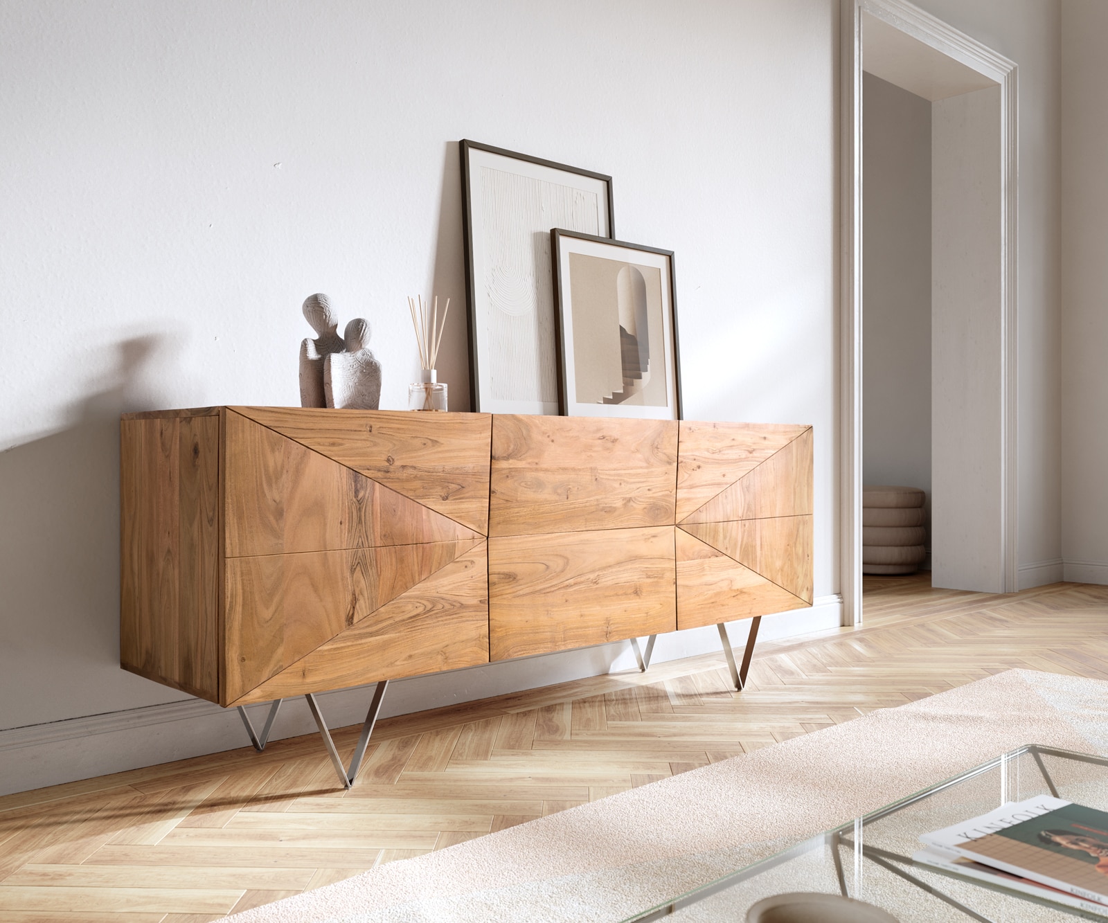 Design-Sideboard Wyatt 175 cm 3D Optik mittig Akazie Natur Edelstahl Design-Sideboard Wyatt 175 cm 3D Optik mittig Akazie Natur Edelstahl