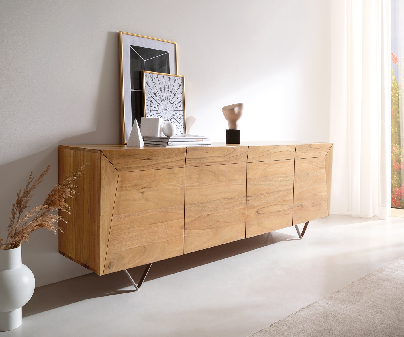Sideboard Kayu 200x40x70 cm Akazie Natur 4 Türen V-Fuß Sideboard Kayu 200x40x70 cm Akazie Natur 4 Türen V-Fuß