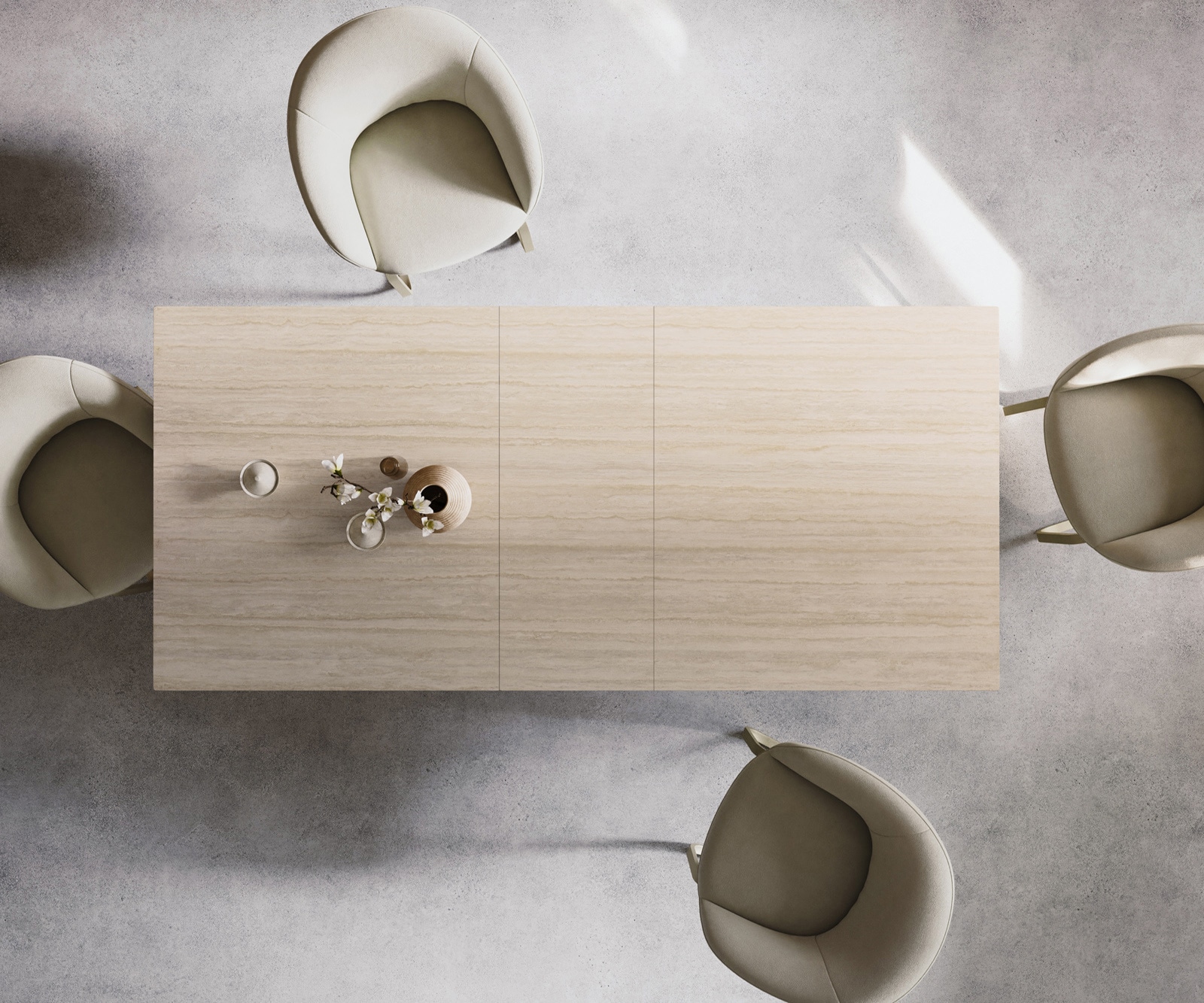 Esstisch Edge 180-220x100 Keramik Laminam® Travertino Bianco Creme-Weiß W-Gestell Effektfinish Titan ausziehbar 6