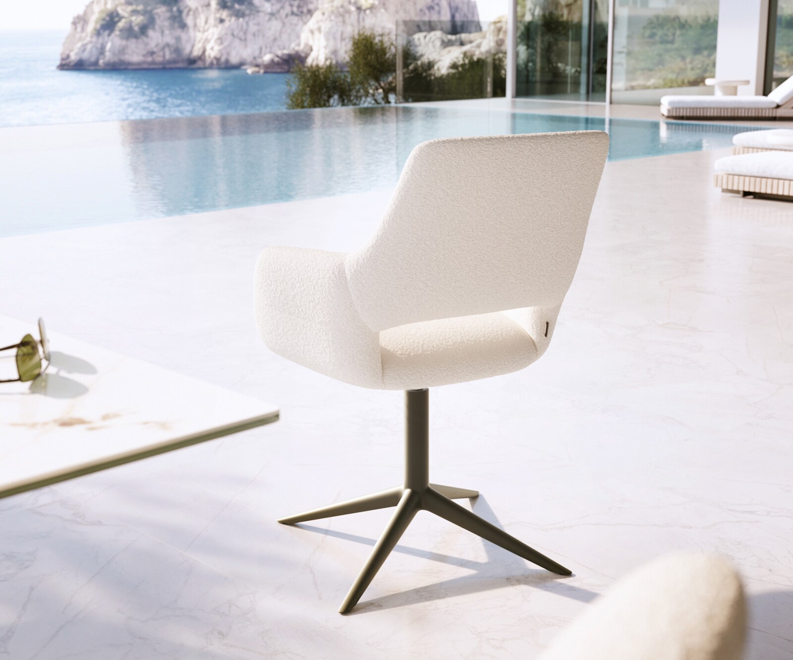 Outdoorstuhl Yago-Flex mit Armlehnen Bouclé Weiß Fußkreuz Effektfinish Titan 360° drehbar Wippfunktion 4