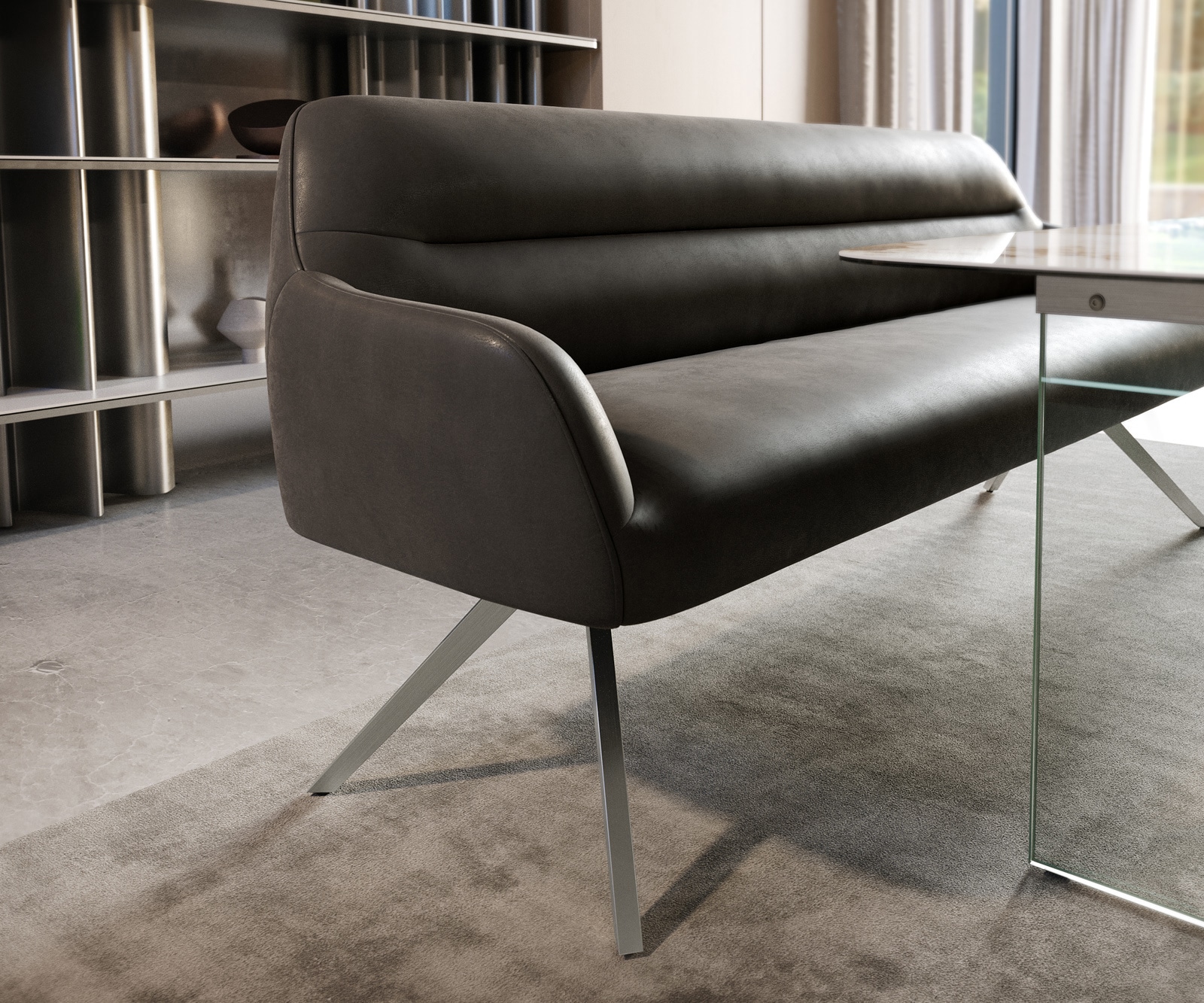 Esszimmerbank Taya-Flex 200 cm Mikrofaser Anthrazit Vintage Kreuzgestell kantig Edelstahl Taschenfederkern 4