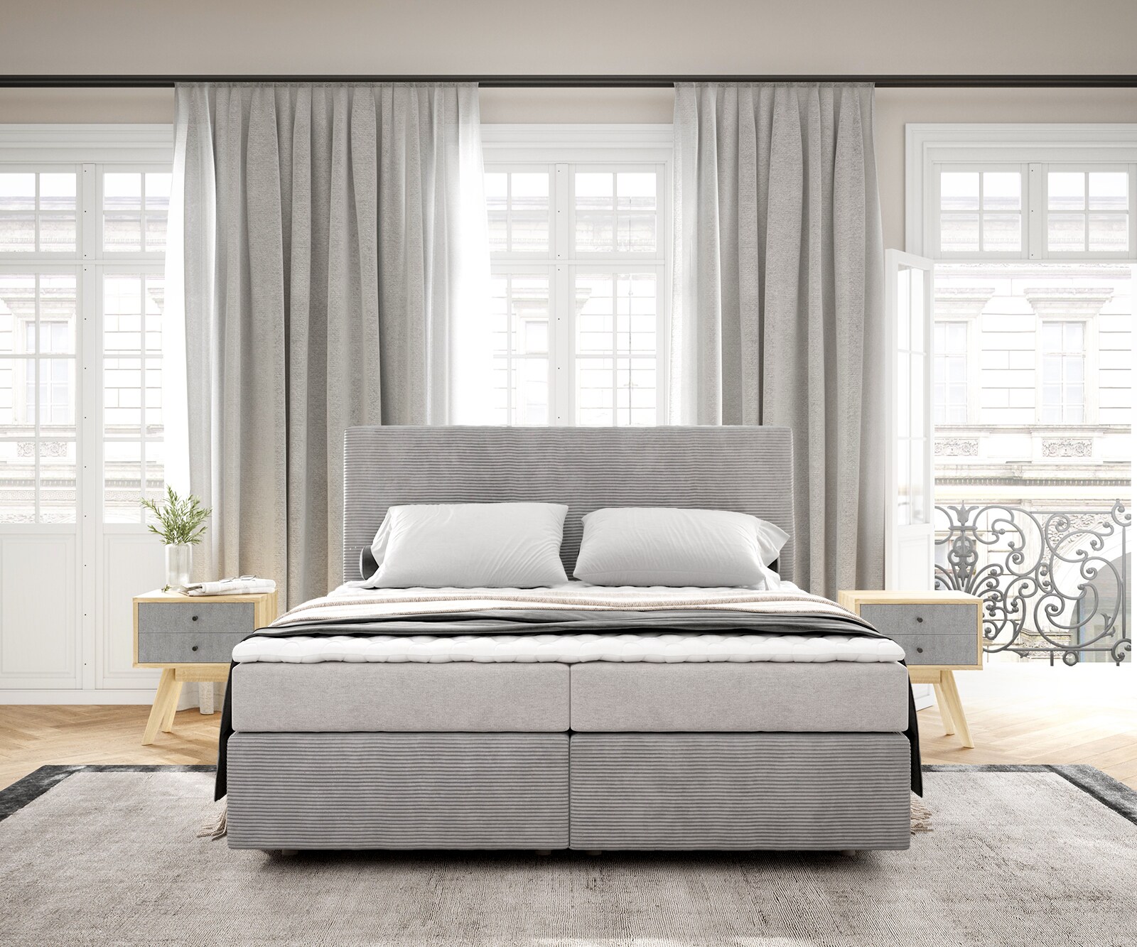 Boxspringbett Dream-Well 160x200 cm Cord Silbergrau mit Matratze und Topper 1
