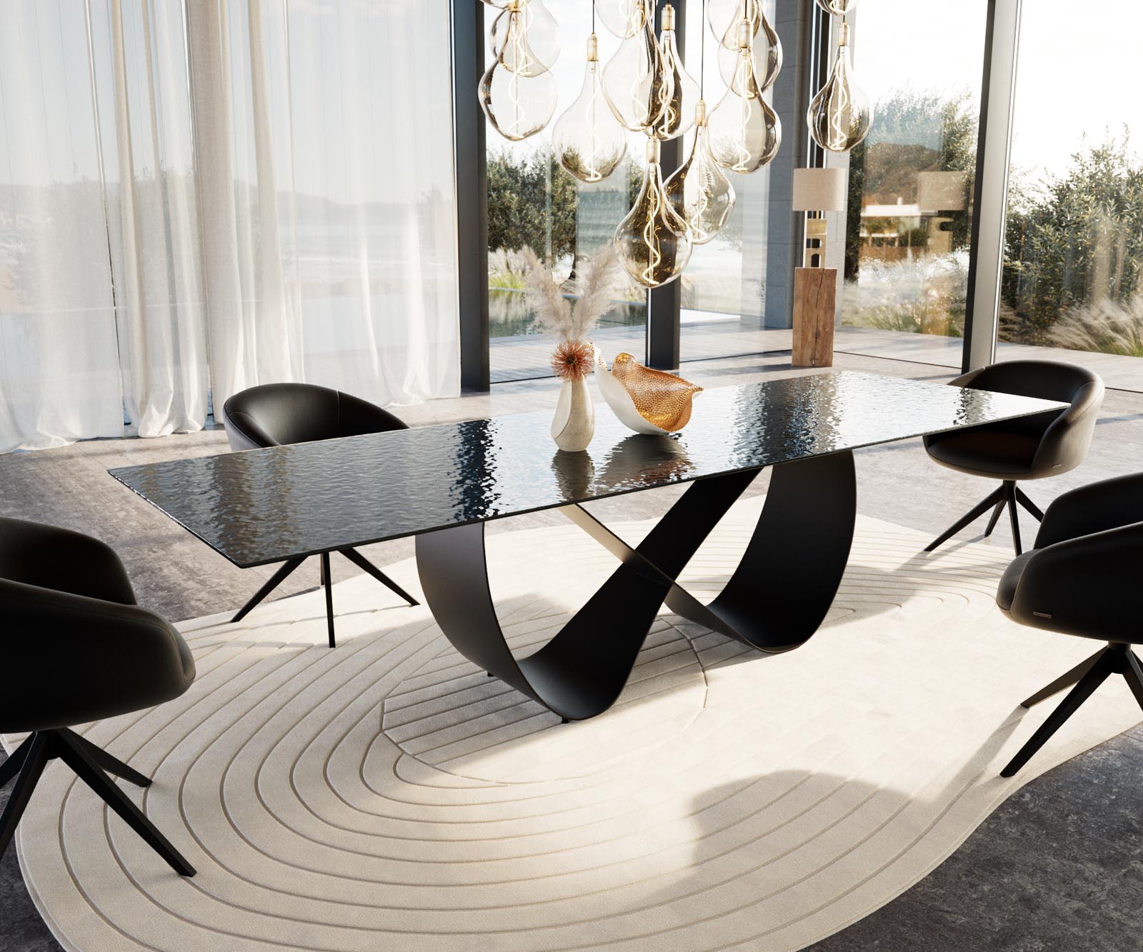 Esstisch Edge 300x100 Reliefglas Rauchschwarz 3D-Design Infinity Metall Schwarz Esstisch Edge 300x100 Reliefglas Rauchschwarz 3D-Design Infinity Metall Schwarz