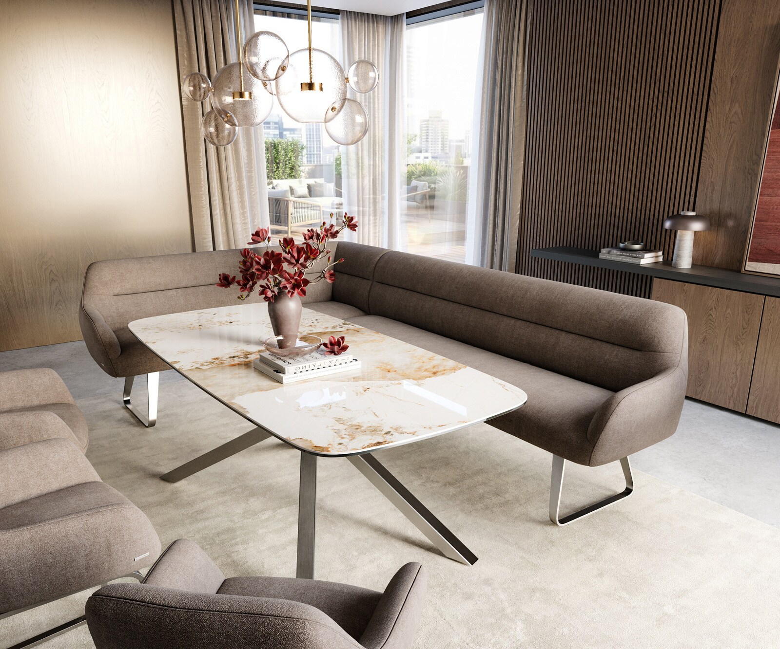 Esszimmerbank Taya-Flex 285x190 cm Strukturstoff Soft Taupe Kufengestell flach Edelstahl Taschenfederkern Rechts