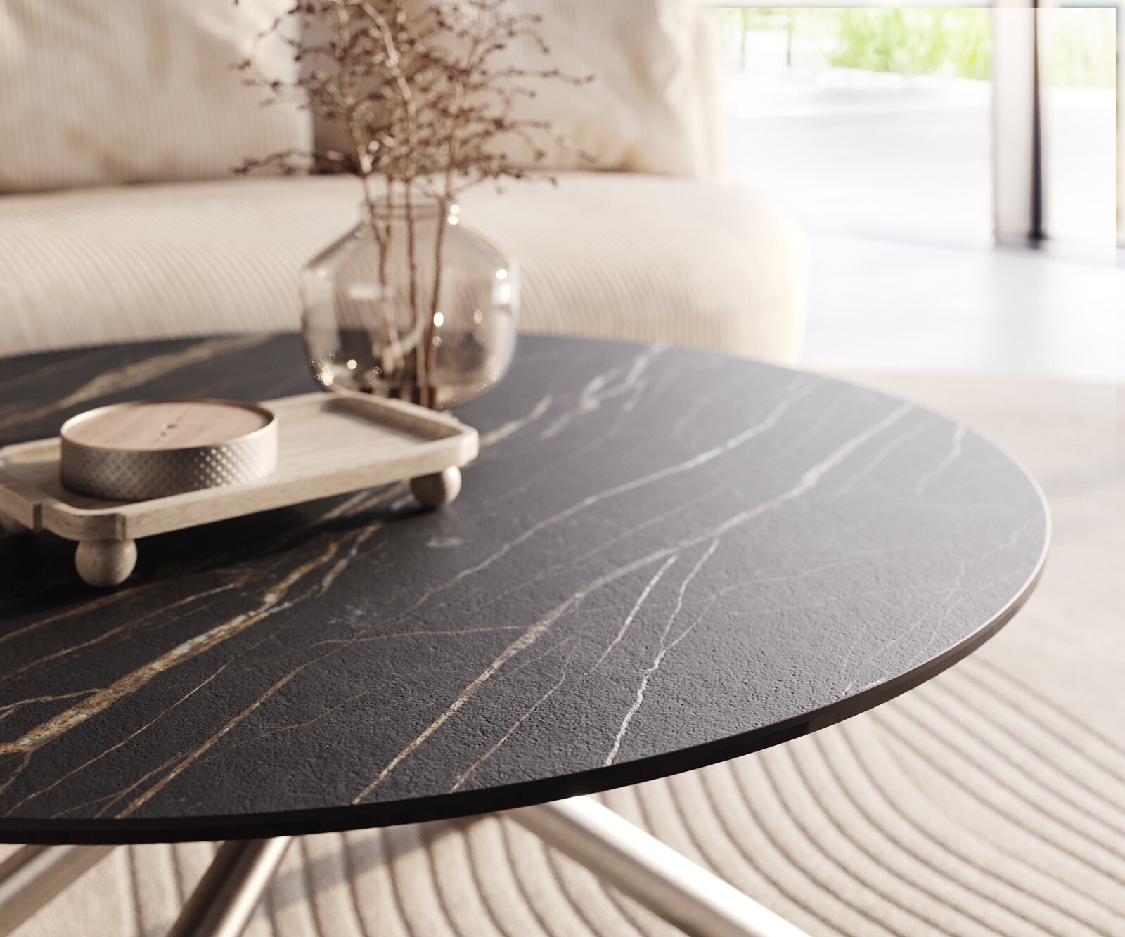 Couchtisch Edge Rund 100x100 cm Keramik Laminam® Noir Desir Braun Sarity Edelstahl gebürstet 3