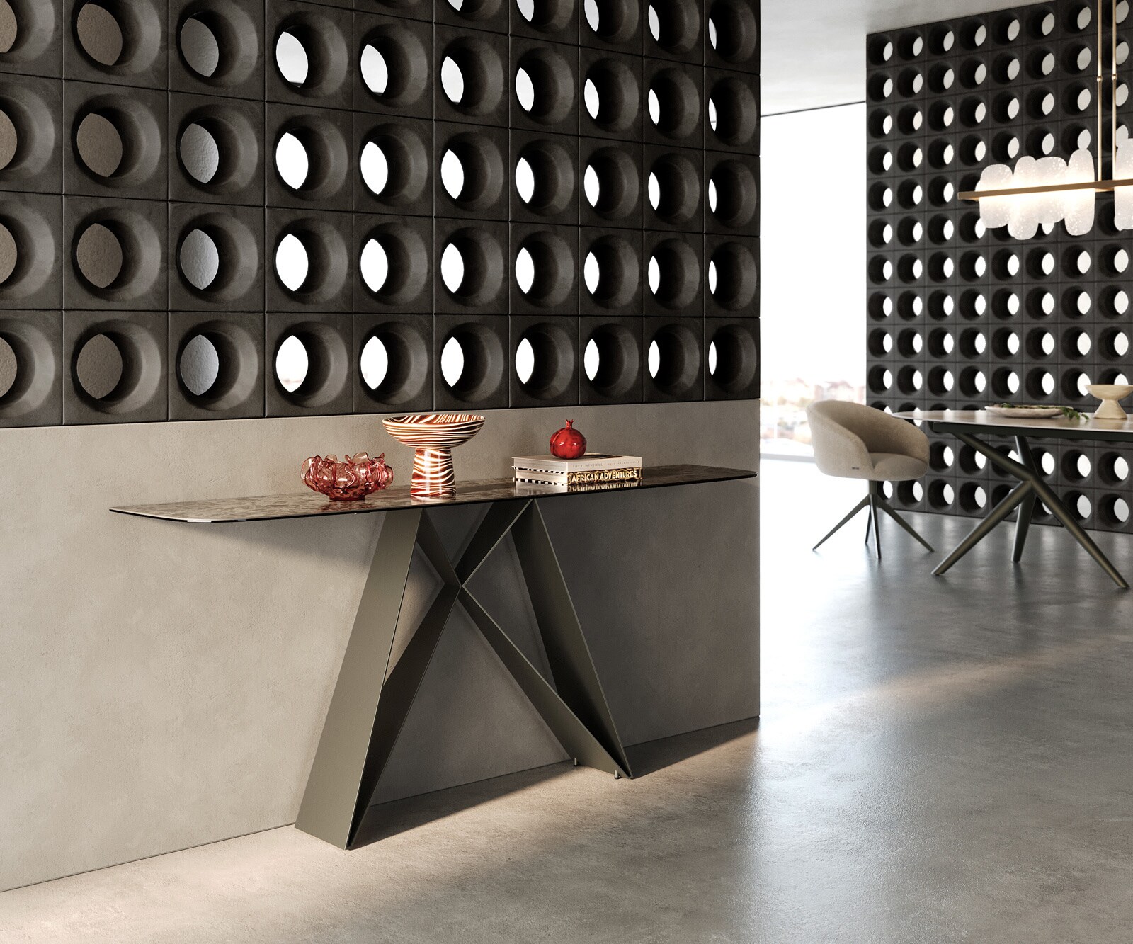 Konsolentisch Edge Boot 180x40 cm Keramik Emperador Extra Lucidato Dunkelbraun Velio Metall Effektfinish Titan 6