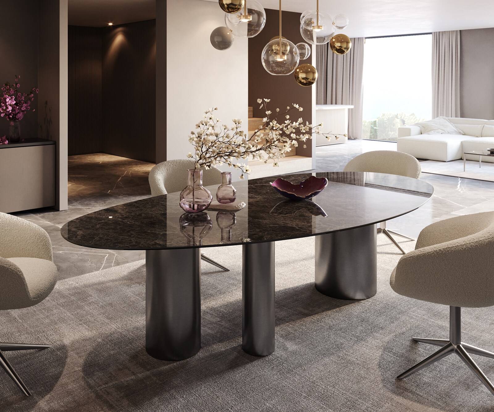 DELIFE Esstisch Edge Oval 280x130 Keramik LaminamEmperador Extra Lucidato Dunkelbraun Troa Edelstahl Graphit