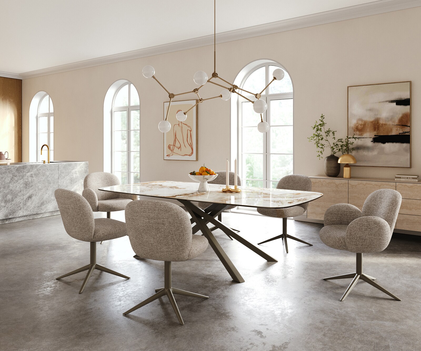 Esstisch Edge Boot 240x120 cm Keramik Minas Melange Weiß-Beige Kreuzgestell Rechteck Effektfinish Titan 6