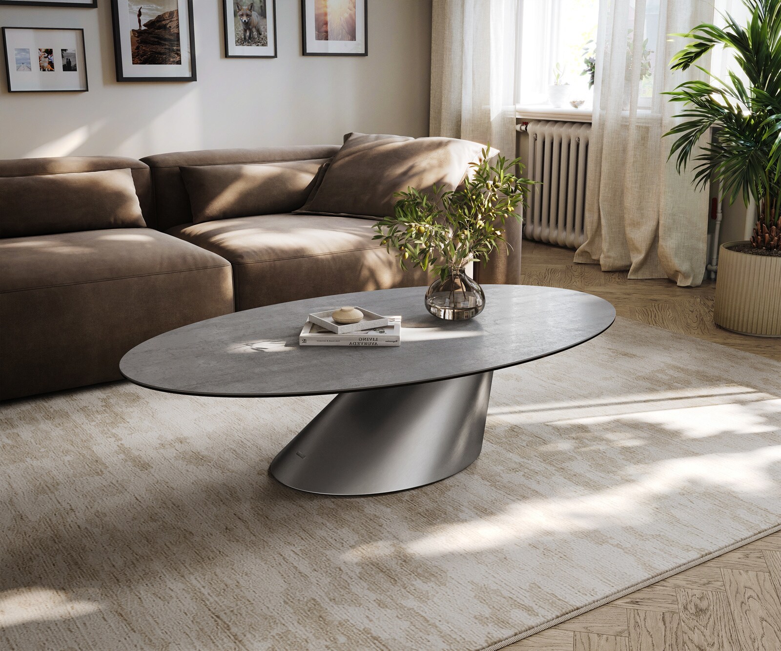 Couchtisch Edge Oval 140x80 cm Keramik Beton Grau Conis Edelstahl gebürstet