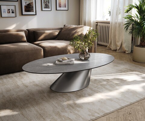 Couchtisch Edge Oval 135x80 cm Keramik Beton Grau Conis Edelstahl gebürstet