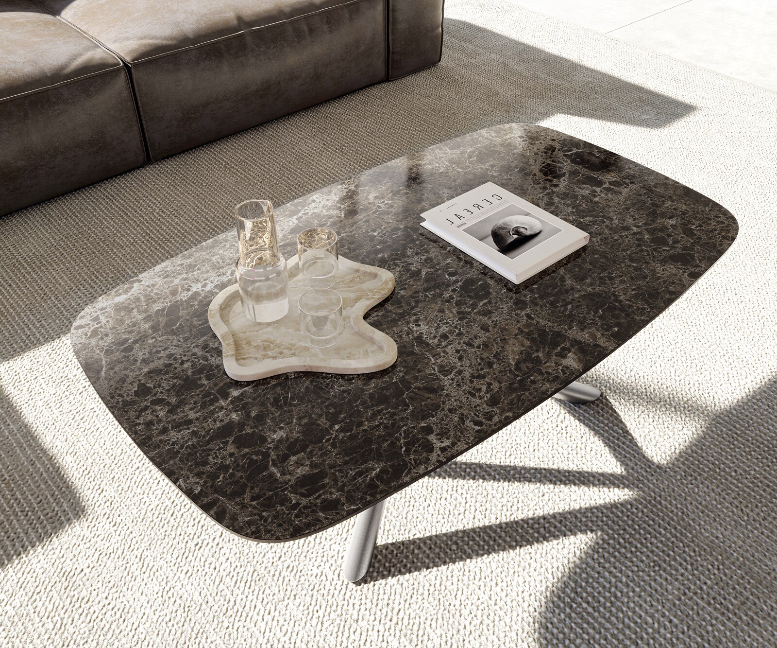 Couchtisch Edge Boot 120x70 cm Keramik Laminam® Emperador Extra Lucidato Dunkelbraun Sarity Edelstahl gebürstet 3