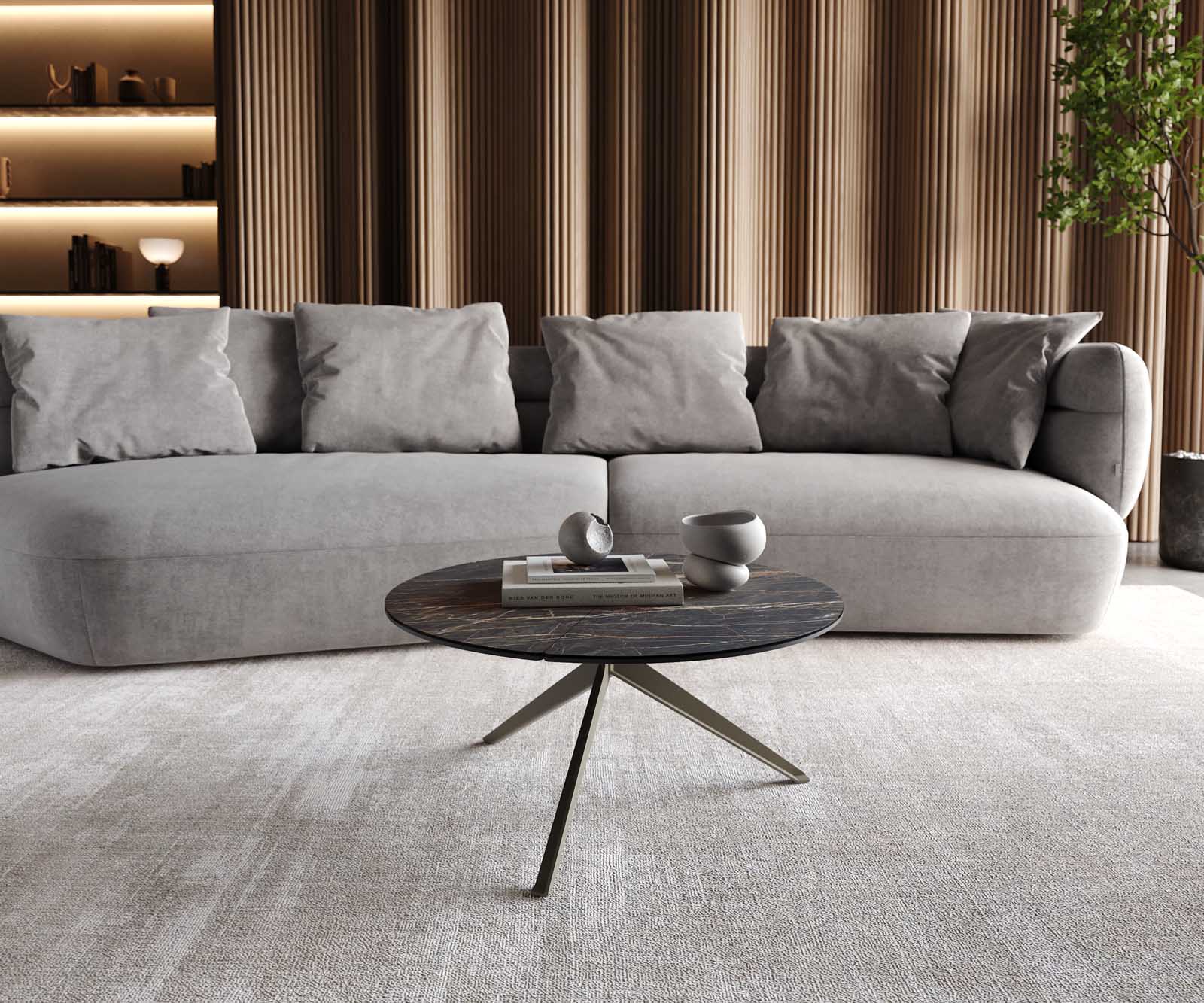 Couchtisch Delron 70x70 cm Keramik Laminam®Noir Desir Braun Kreuzfuß Flach Metall Effektfinish Titan 1