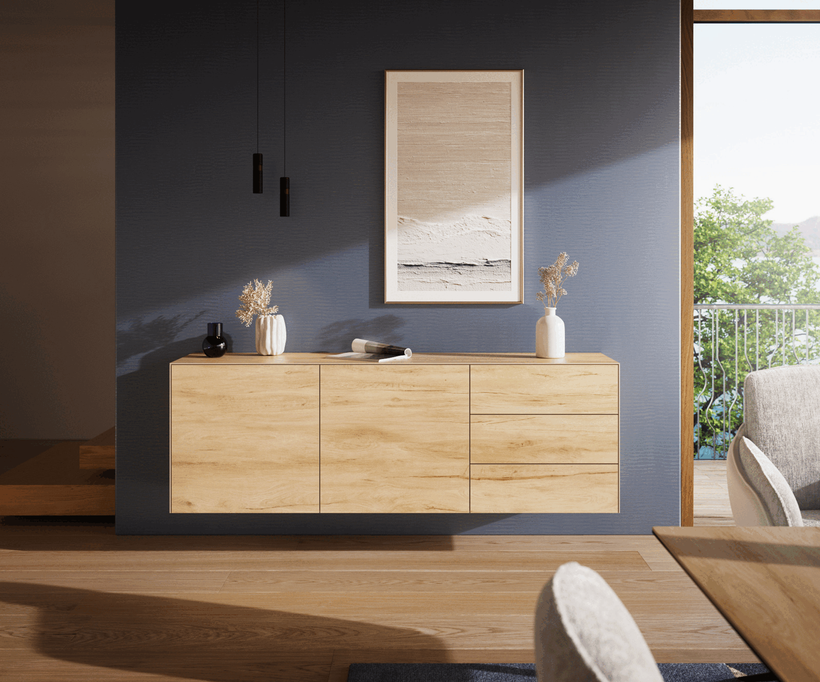 Sideboard Cuor 180 cm Keramik Laminam® Sabbia Eichefarbig 2 Türen 3 Schubfächer Schwebend 1