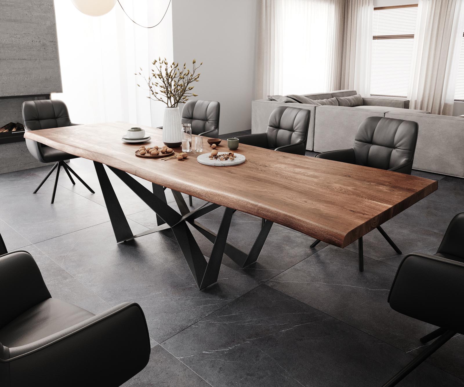 Esstisch Edge 300x100 XL Akazie Braun Spider Flachstahl Schwarz Live-Edge